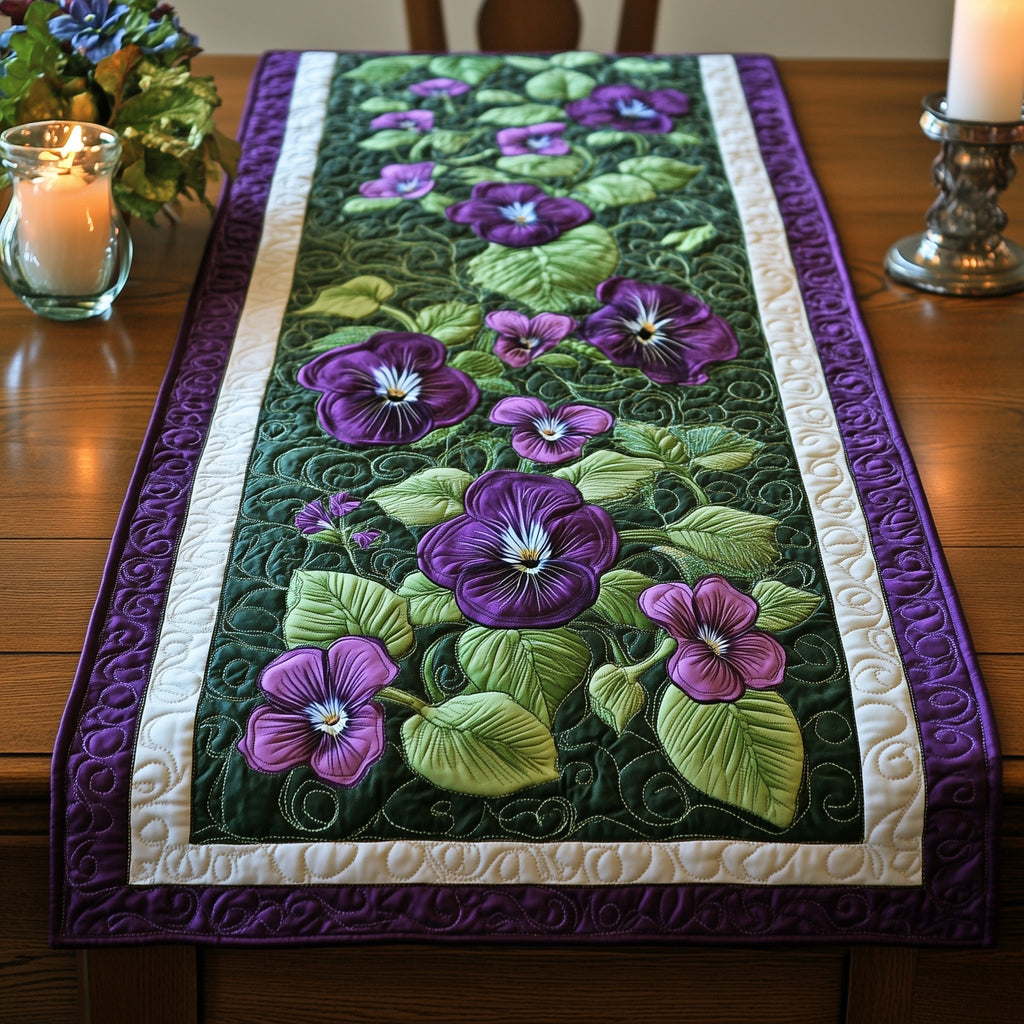 Pansy Cluster with Deep Green Leaves Table Runner