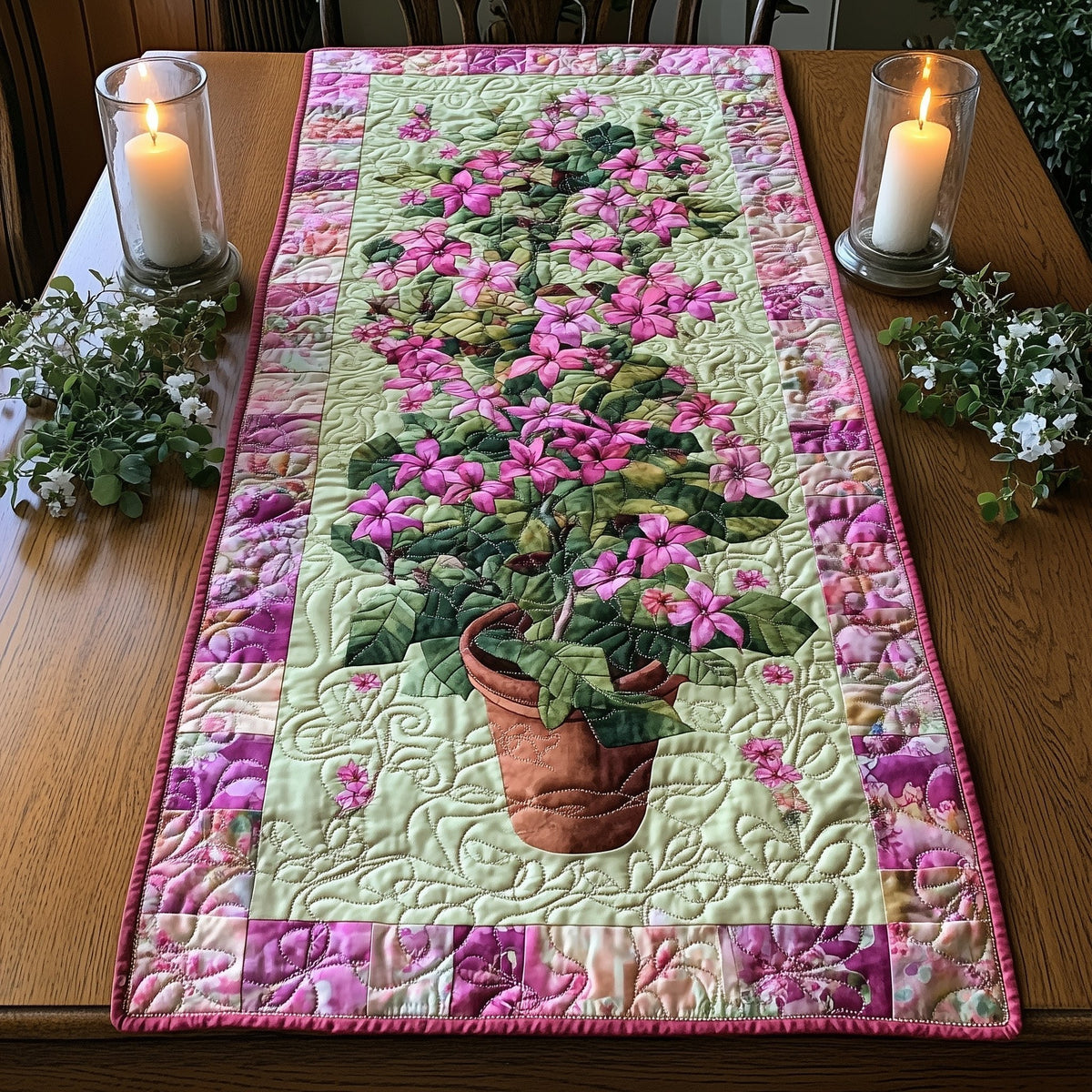 Pink Blooms in a Terracotta Pot Table Runner