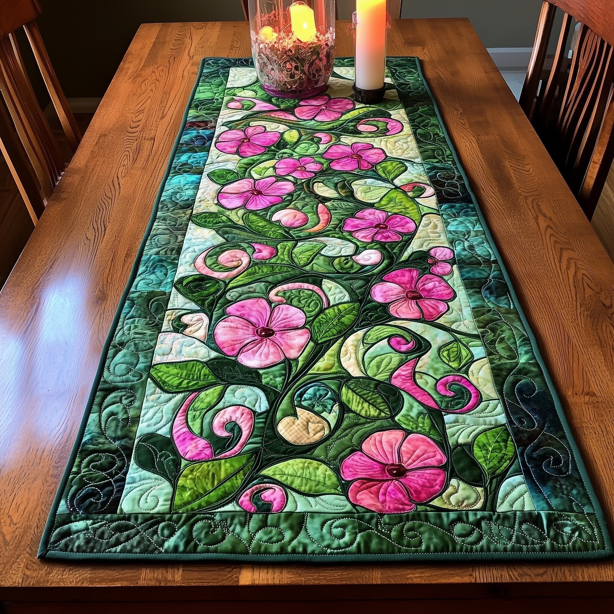 Pink Flowers on Black with Green Vines Table Runner