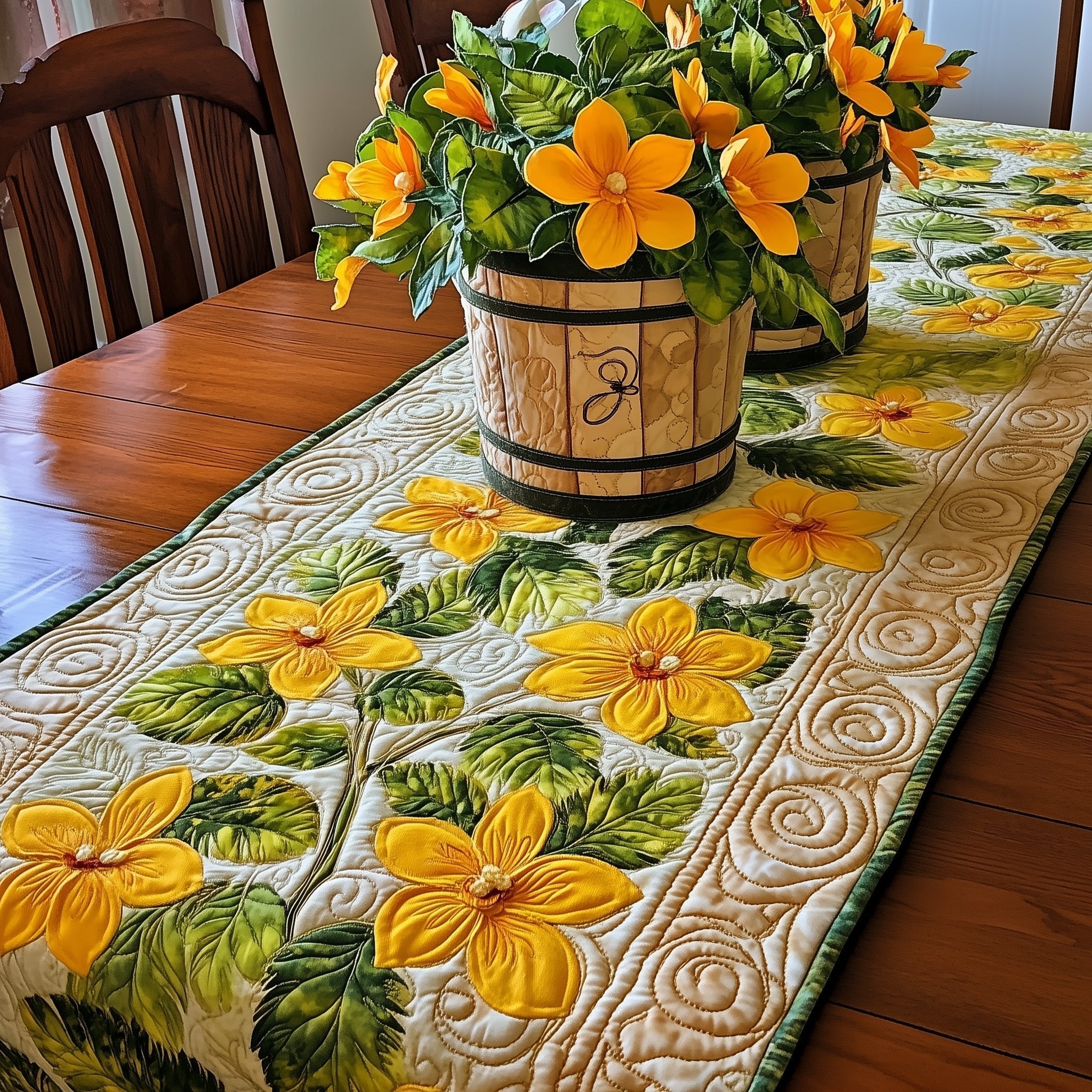 Yellow Blossom Vine on Cream Table Runner