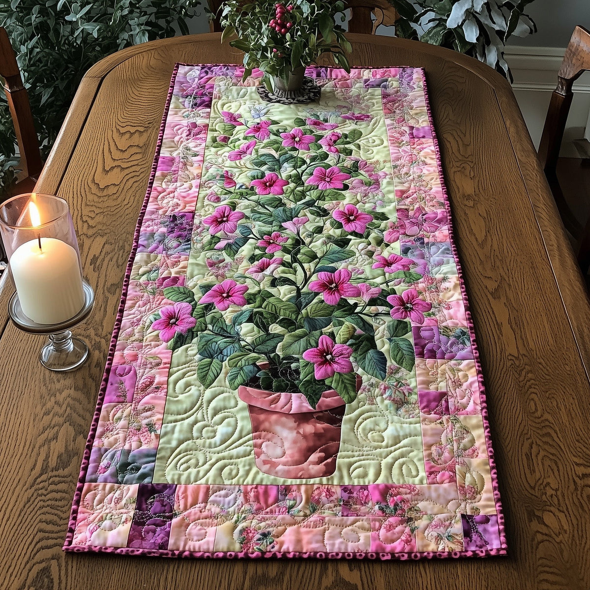Potted Pink Flowers on Pink Patchwork Table Runner