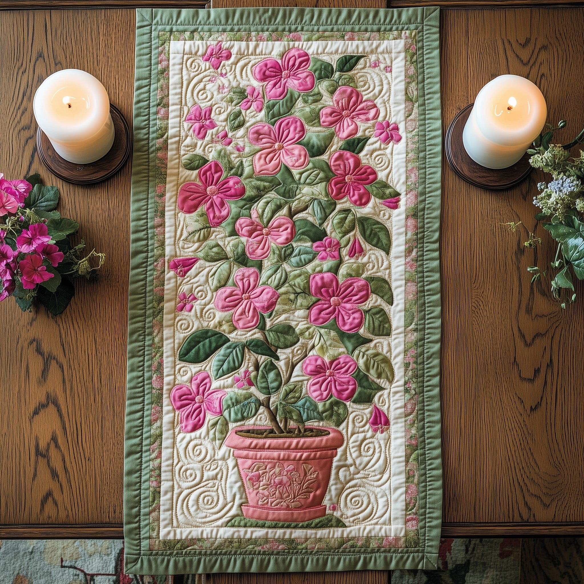 Pink Flowering Plant in Clay Pot Table Runner