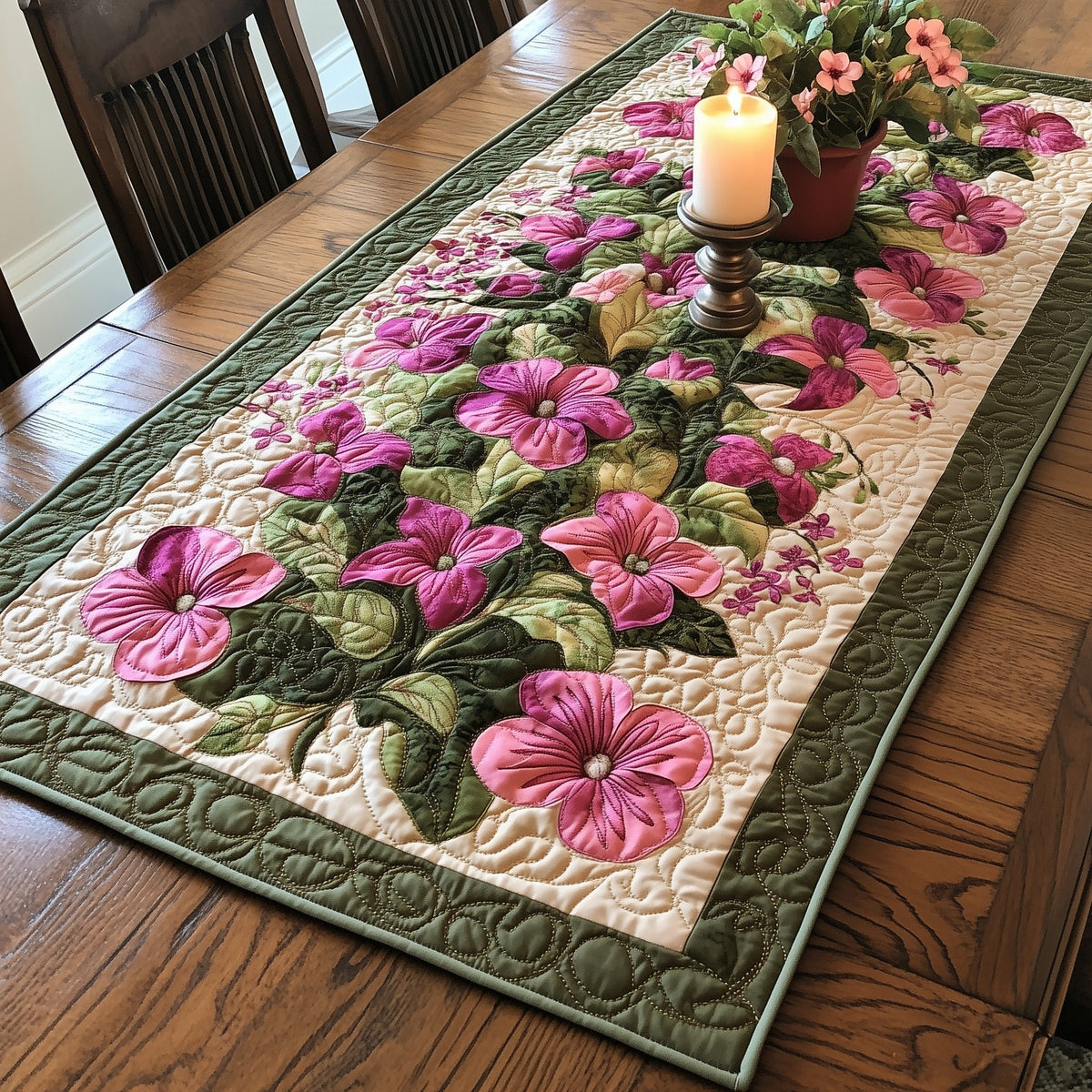 Pink Hibiscus with Sage Border Table Runner