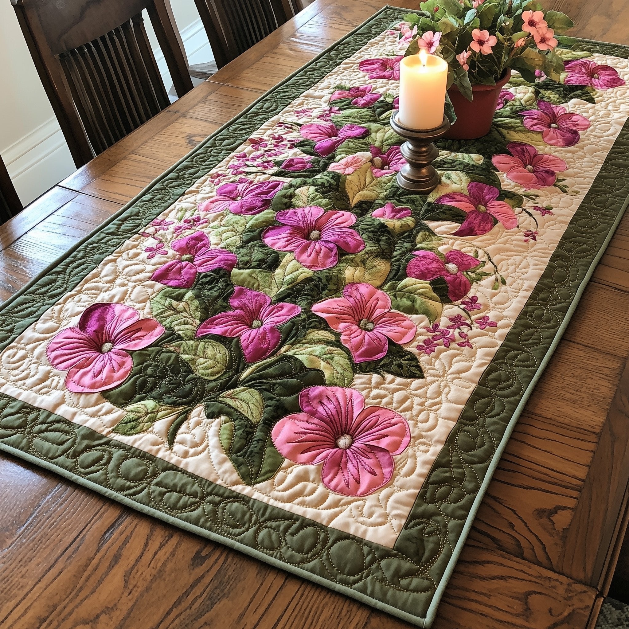 Pink Hibiscus with Sage Border Table Runner