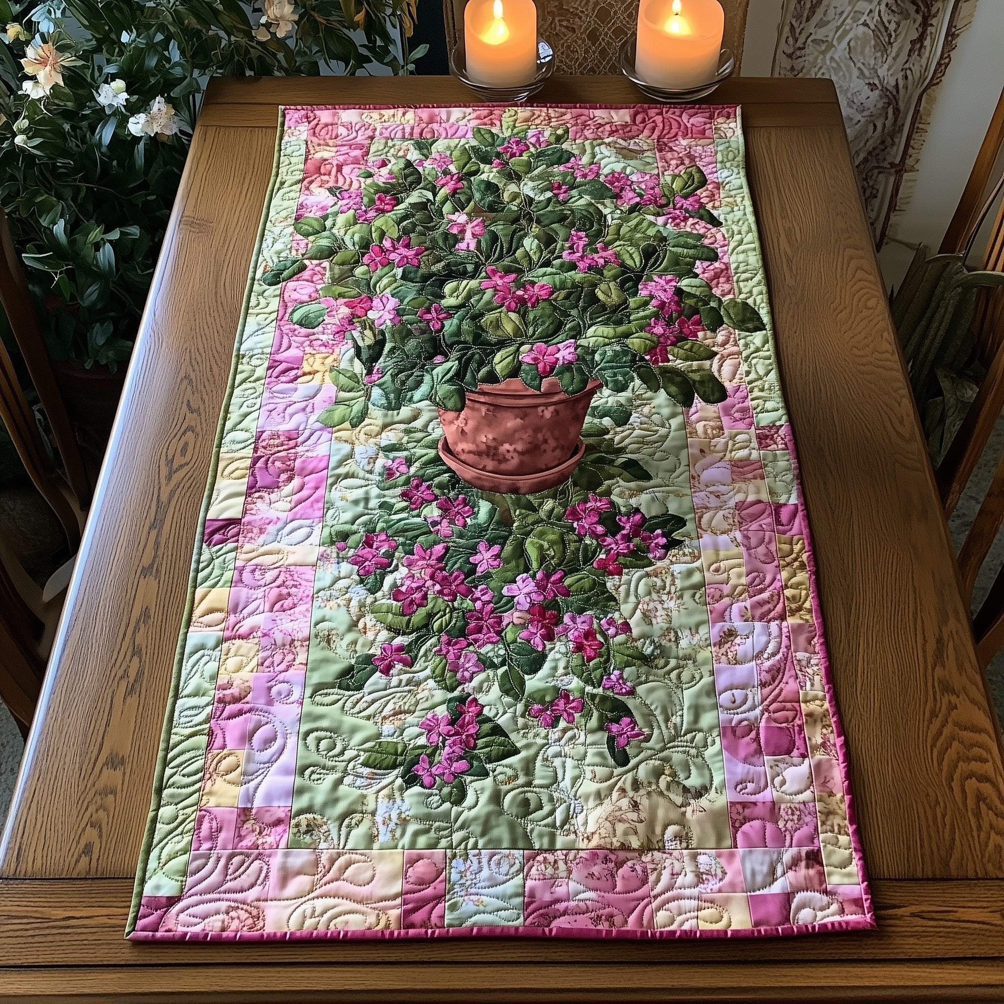 Pink Blossom Bush in a Pot Table Runner