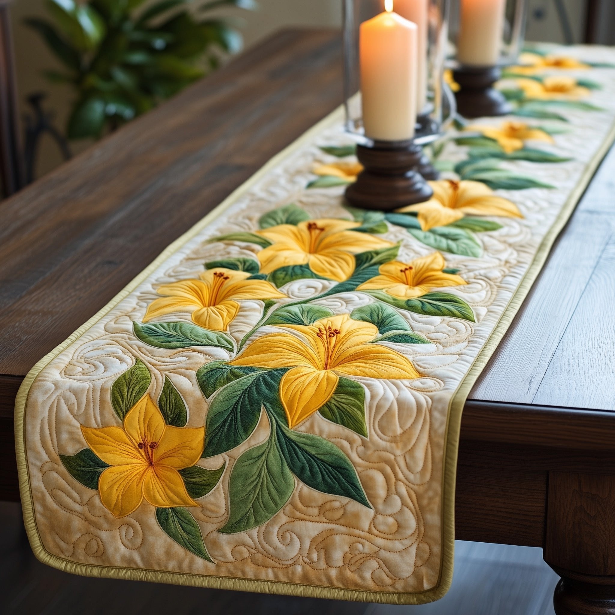 Yellow Lilies on Cream Table Runner