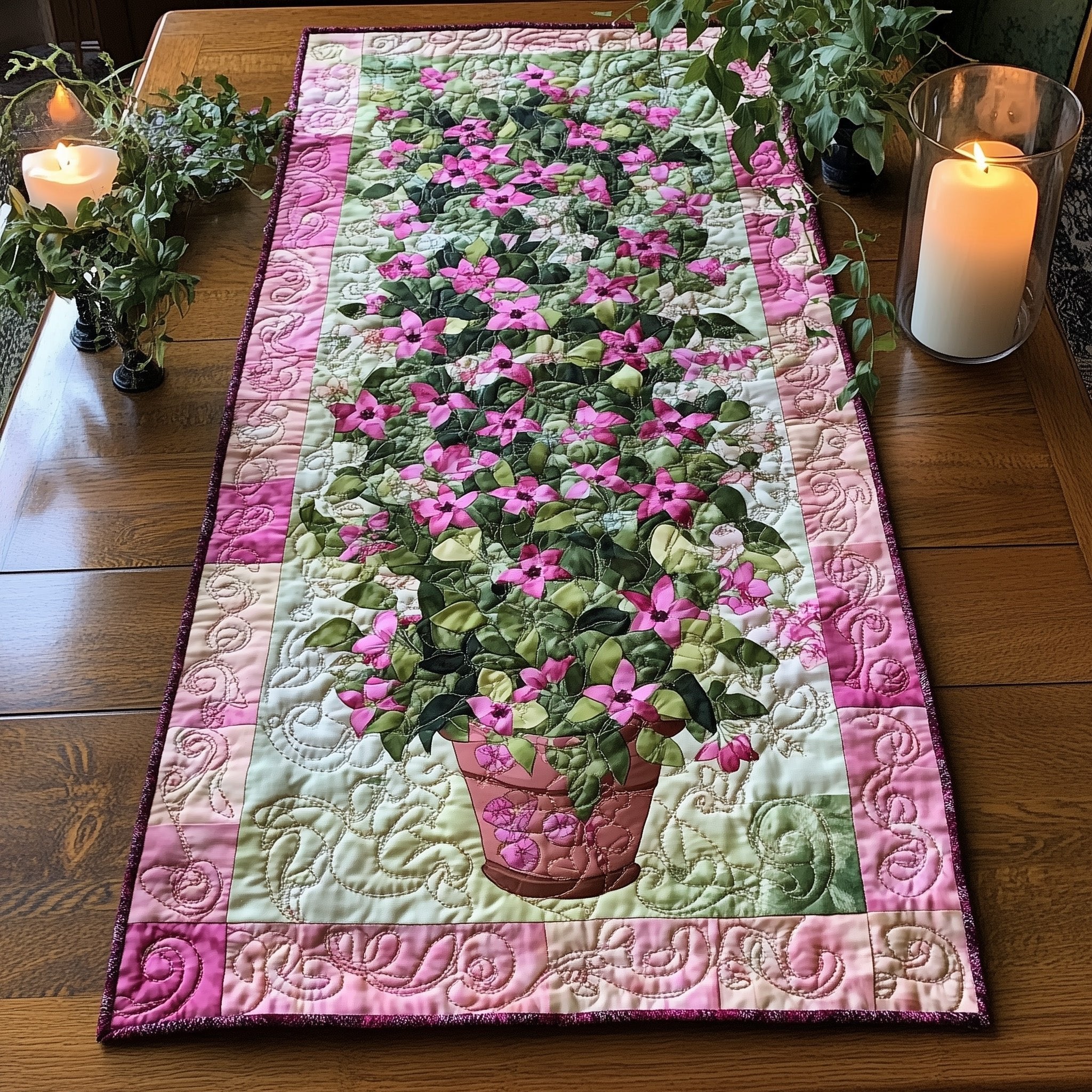 Pink Flower Pot with Rose Border Table Runner