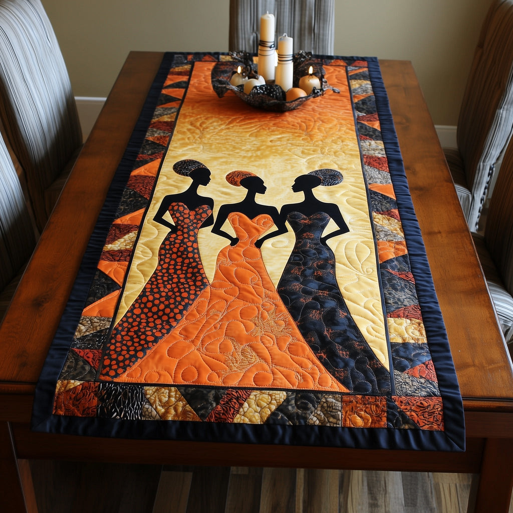 Three Women Carrying Pots on Orange Table Runner