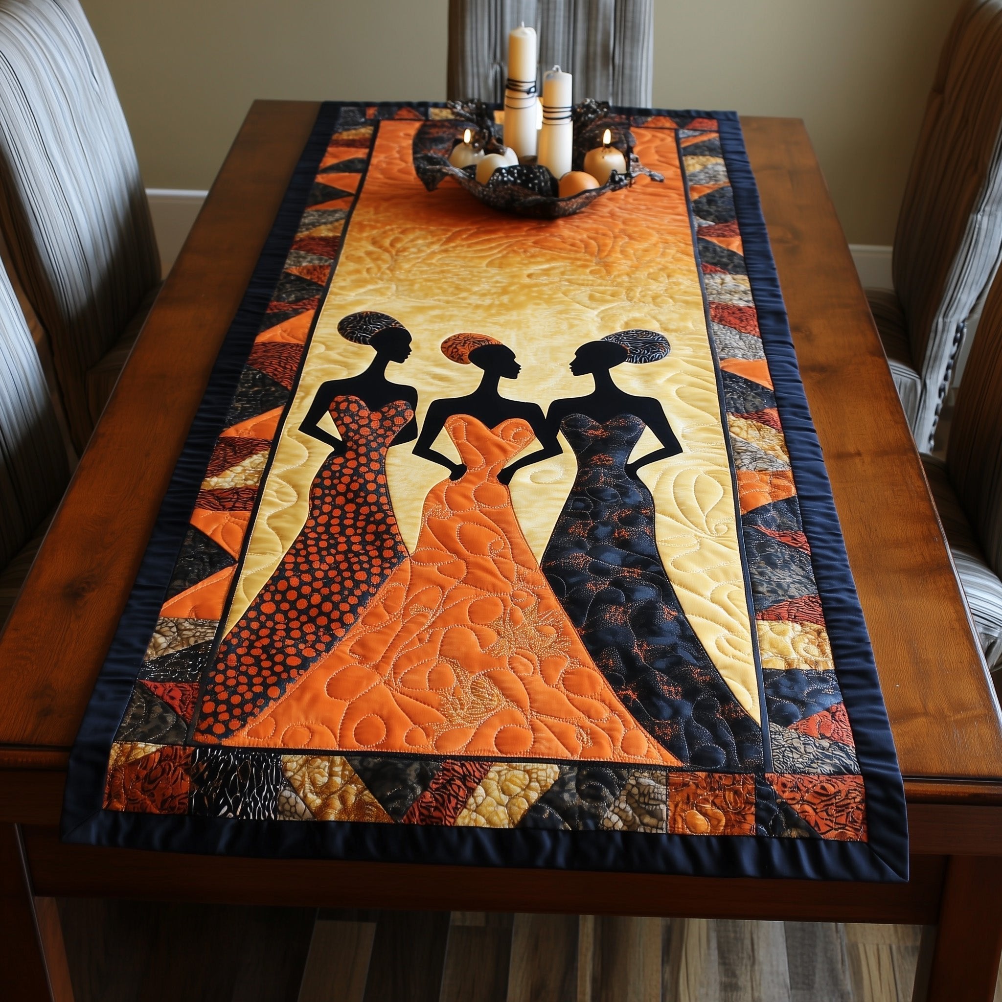 Three Women Carrying Pots on Orange Table Runner