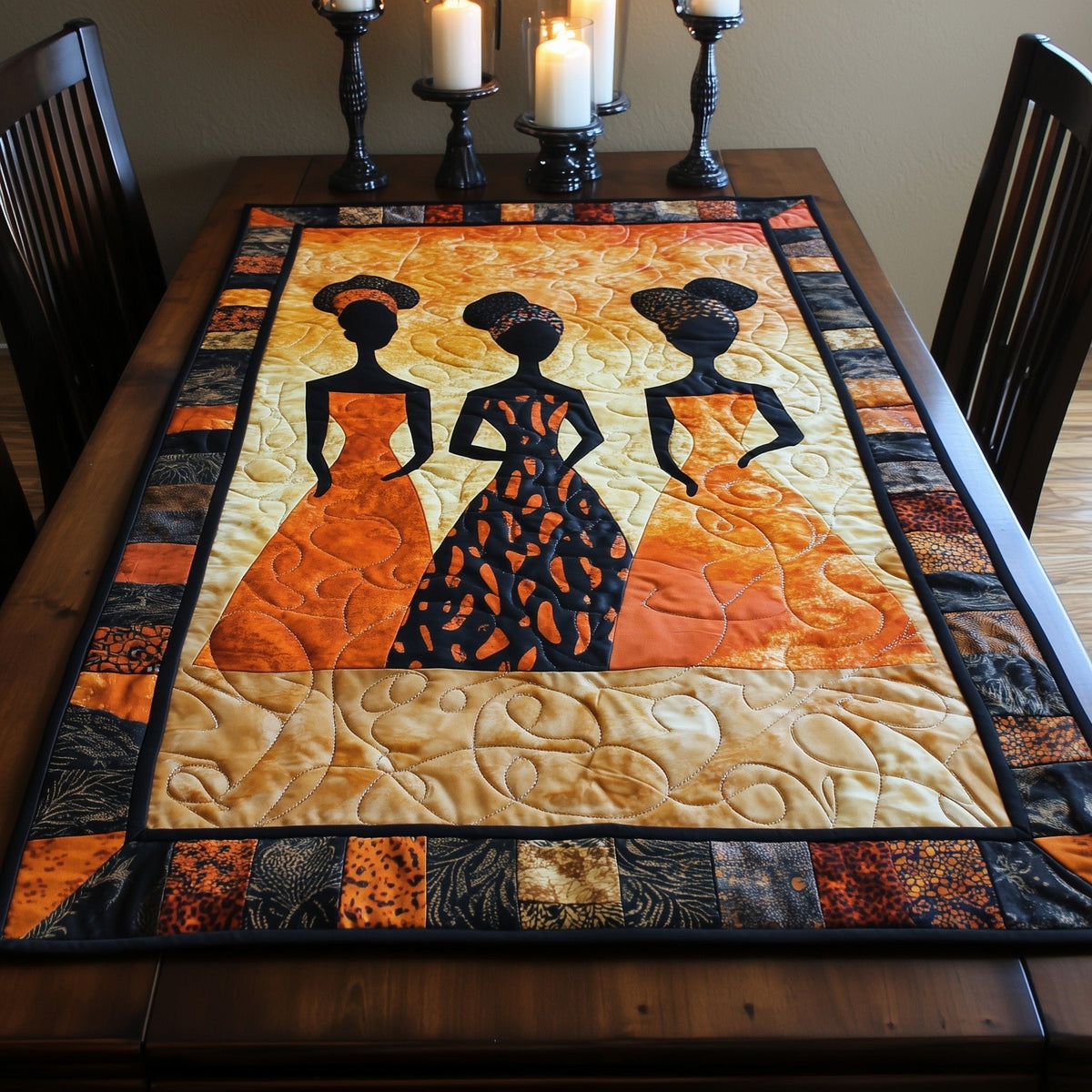 Women Balancing Pots on Gold Table Runner