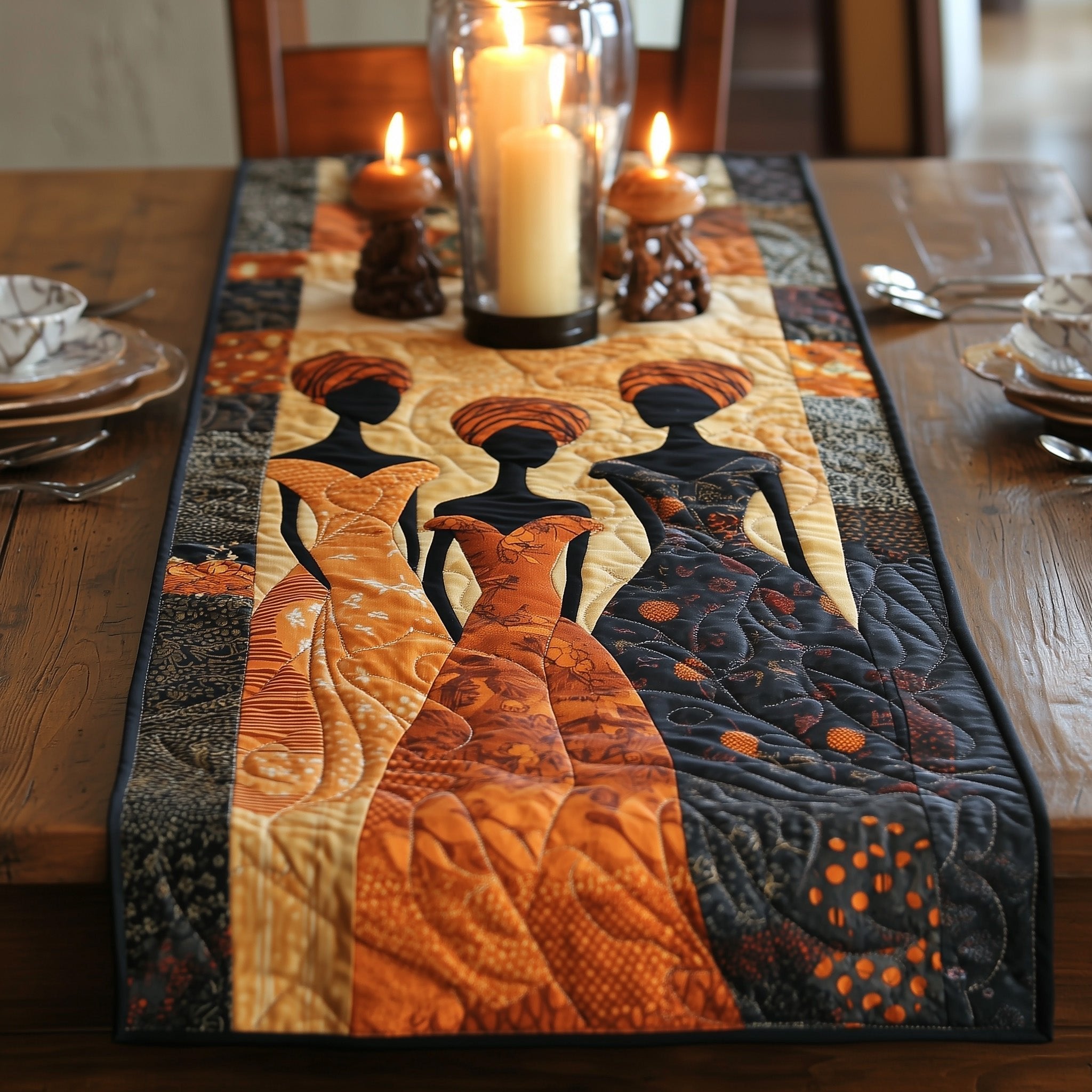 Three Women on Peach Background Table Runner
