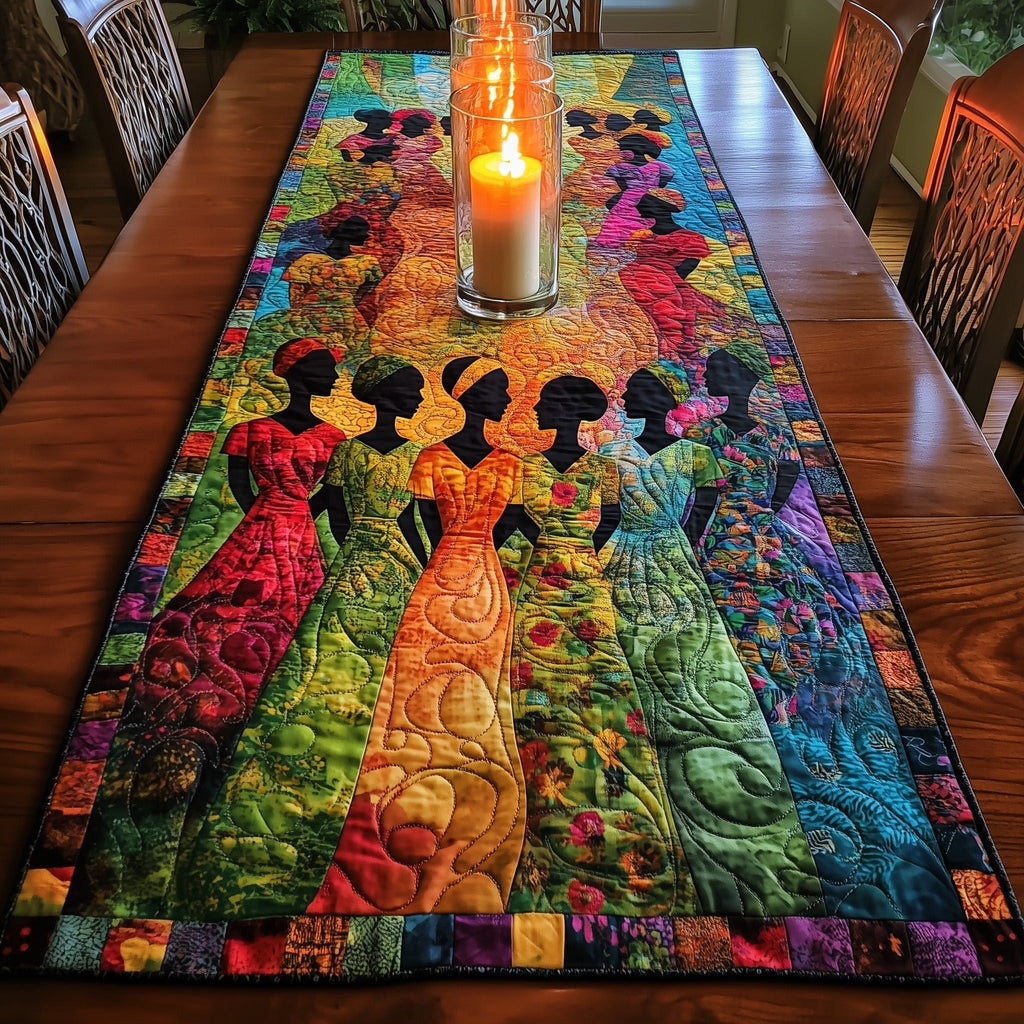 Women in Bright Gowns on Green Table Runner