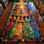 Women in Bright Gowns on Green Table Runner