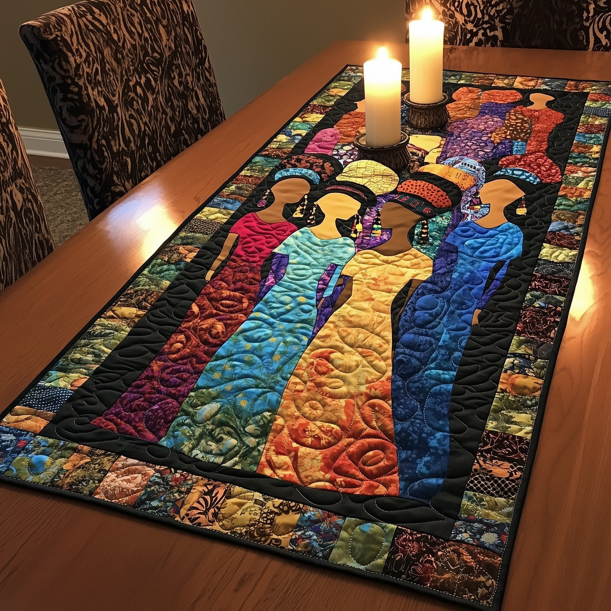 Women in Long Dresses with Black Border Table Runner