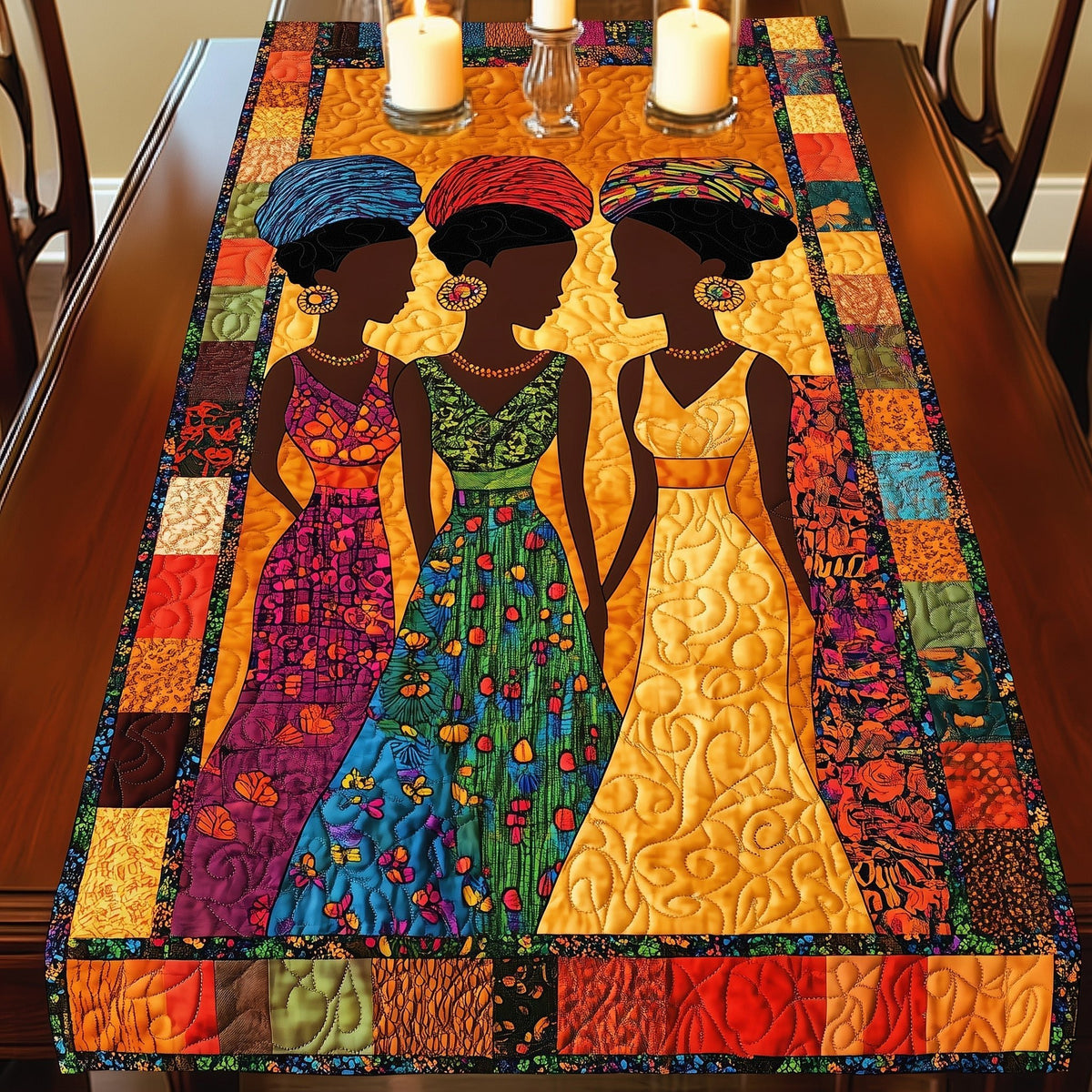 Women in Patchwork Dresses Table Runner