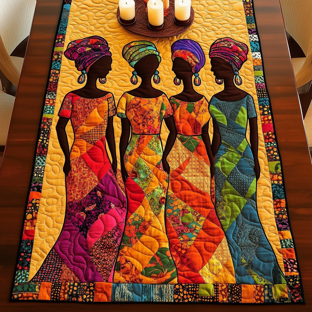 Women in Orange and Green Gowns Table Runner