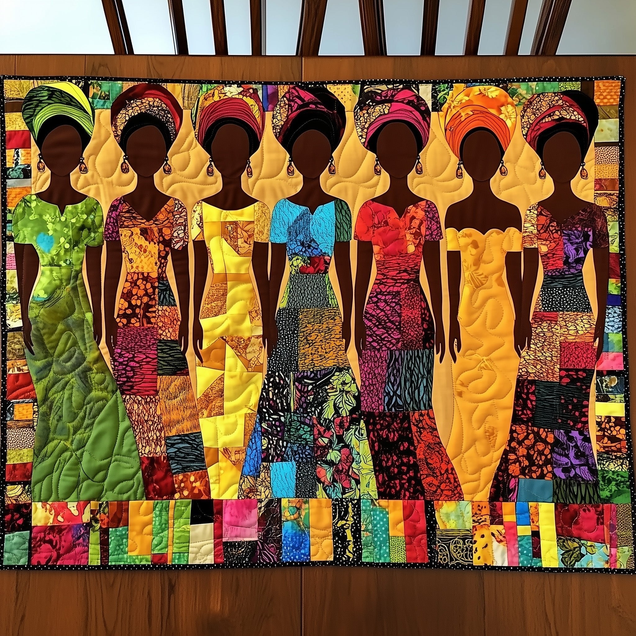 Women in Yellow and Teal Dresses Table Runner