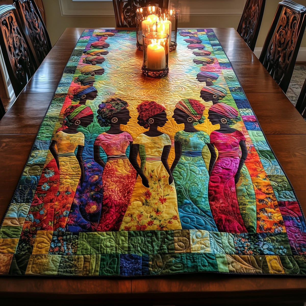 Women in Blue and Pink Gowns Table Runner
