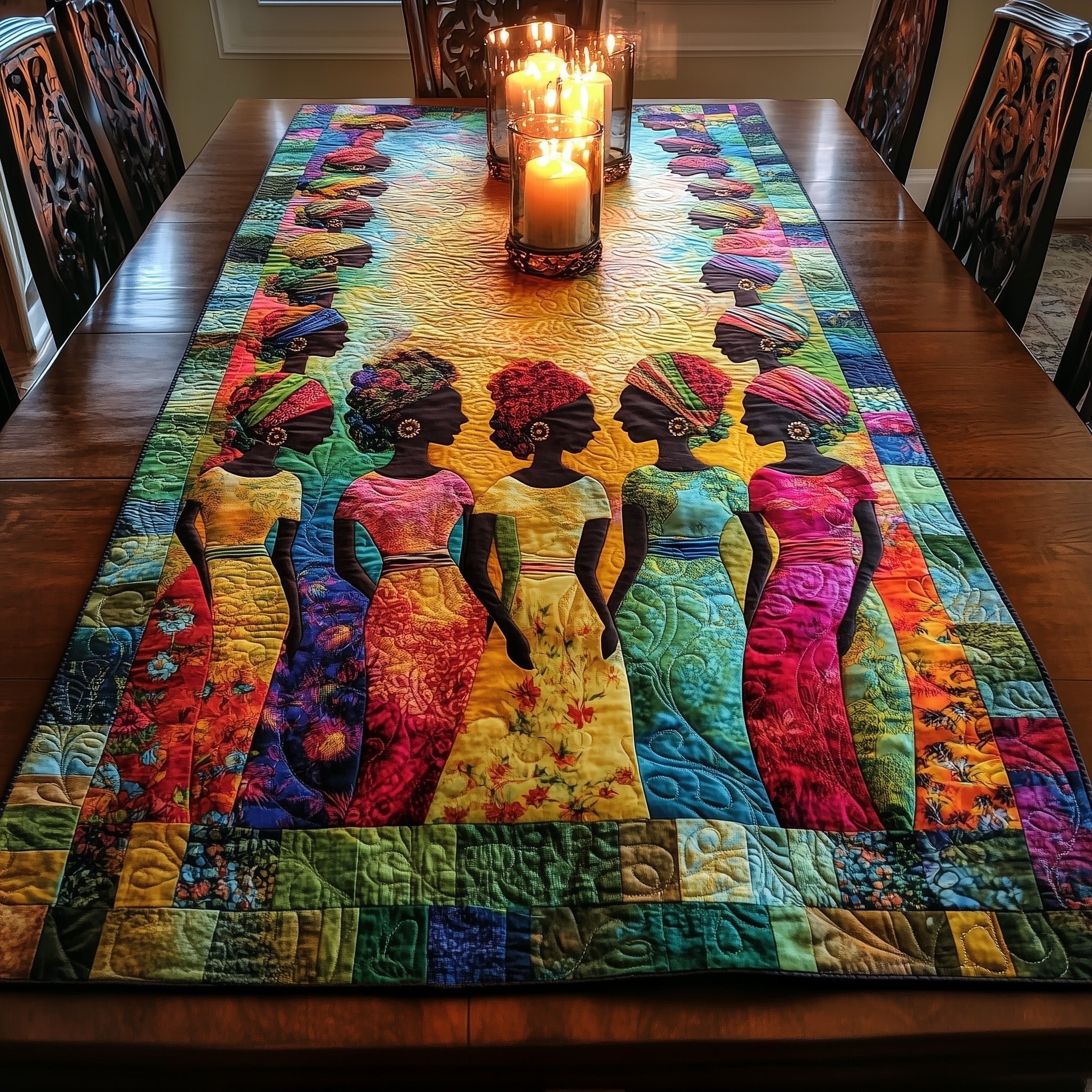 Women in Blue and Pink Gowns Table Runner