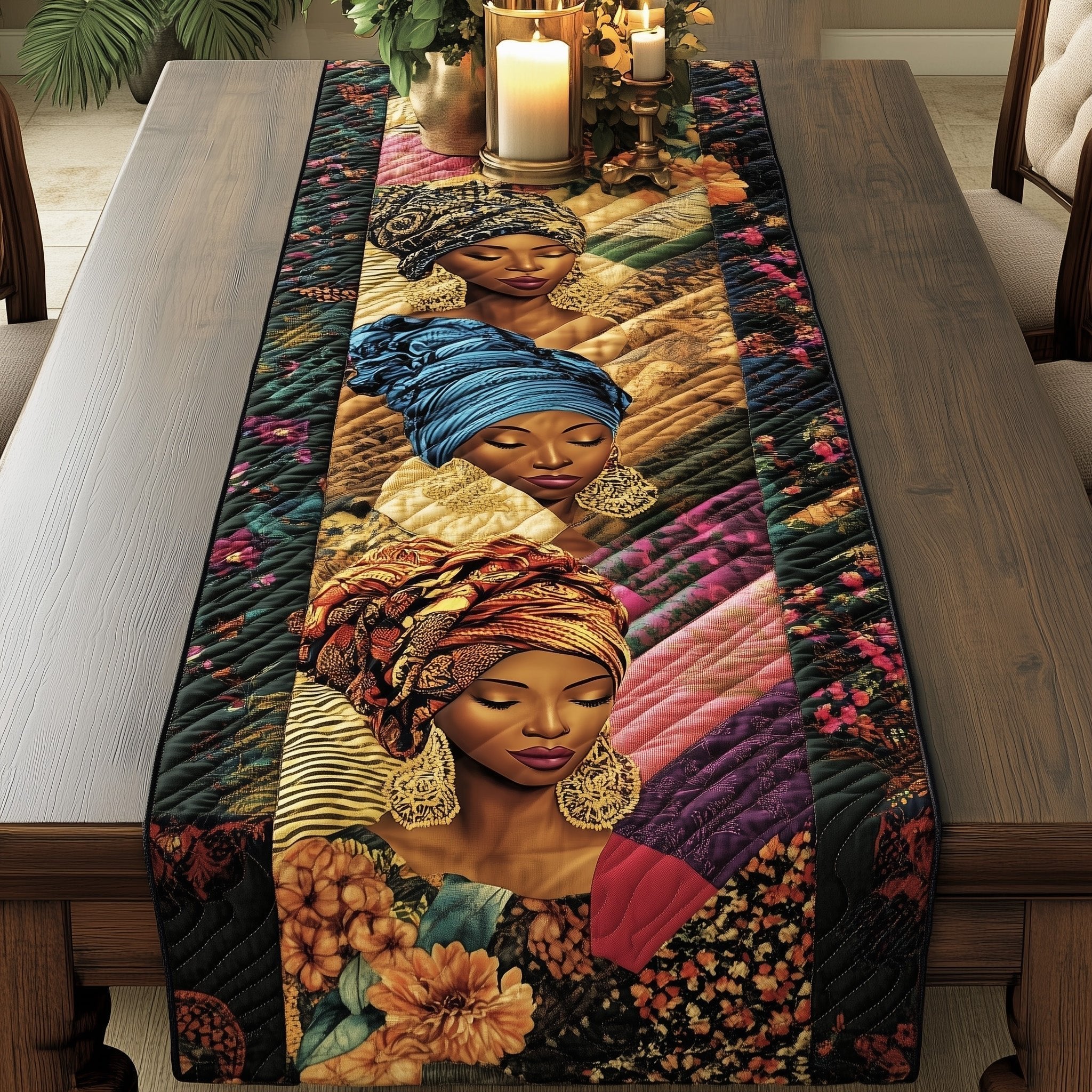 Woman in Blue and Gold Headwrap Table Runner