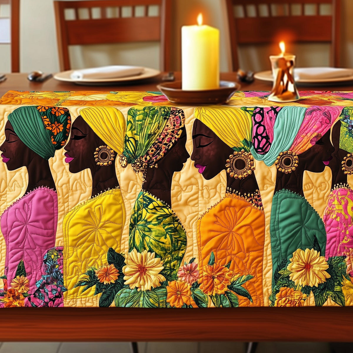 Women with Headwraps Among Sunflowers Table Runner
