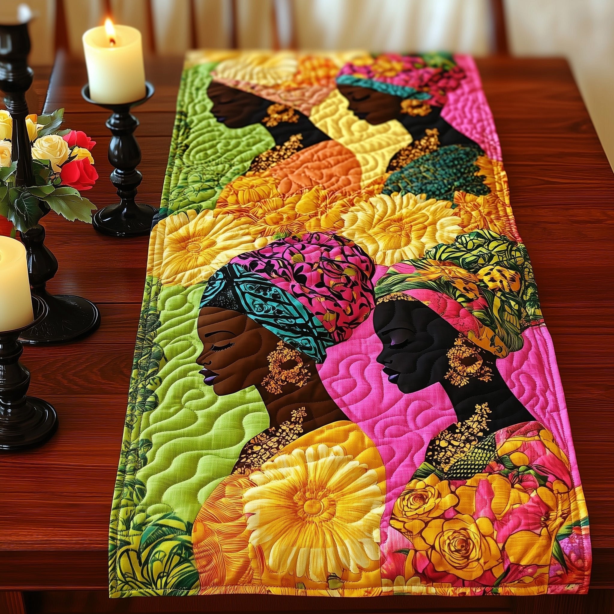 Women Profiles with Yellow Blooms Table Runner