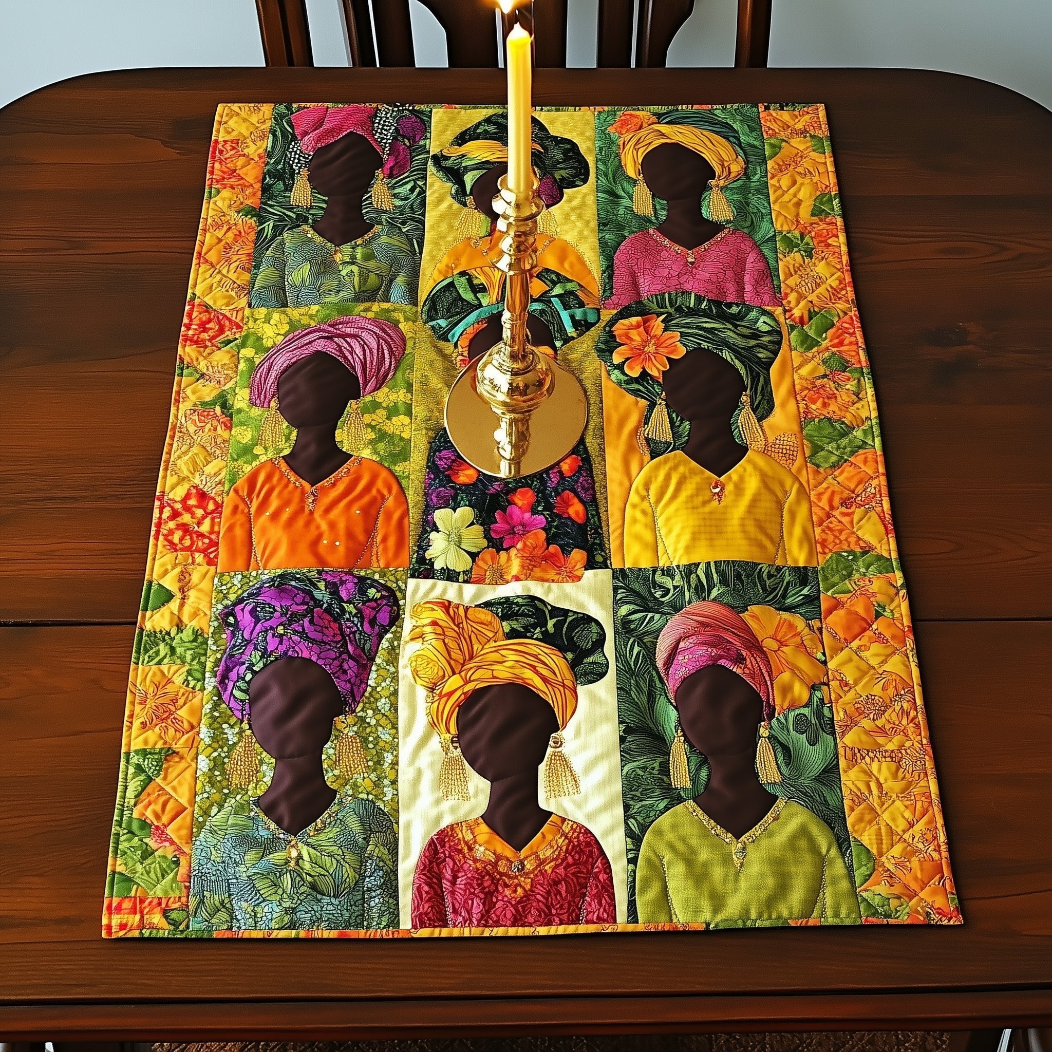 Women Profiles in a Flower Frame Table Runner