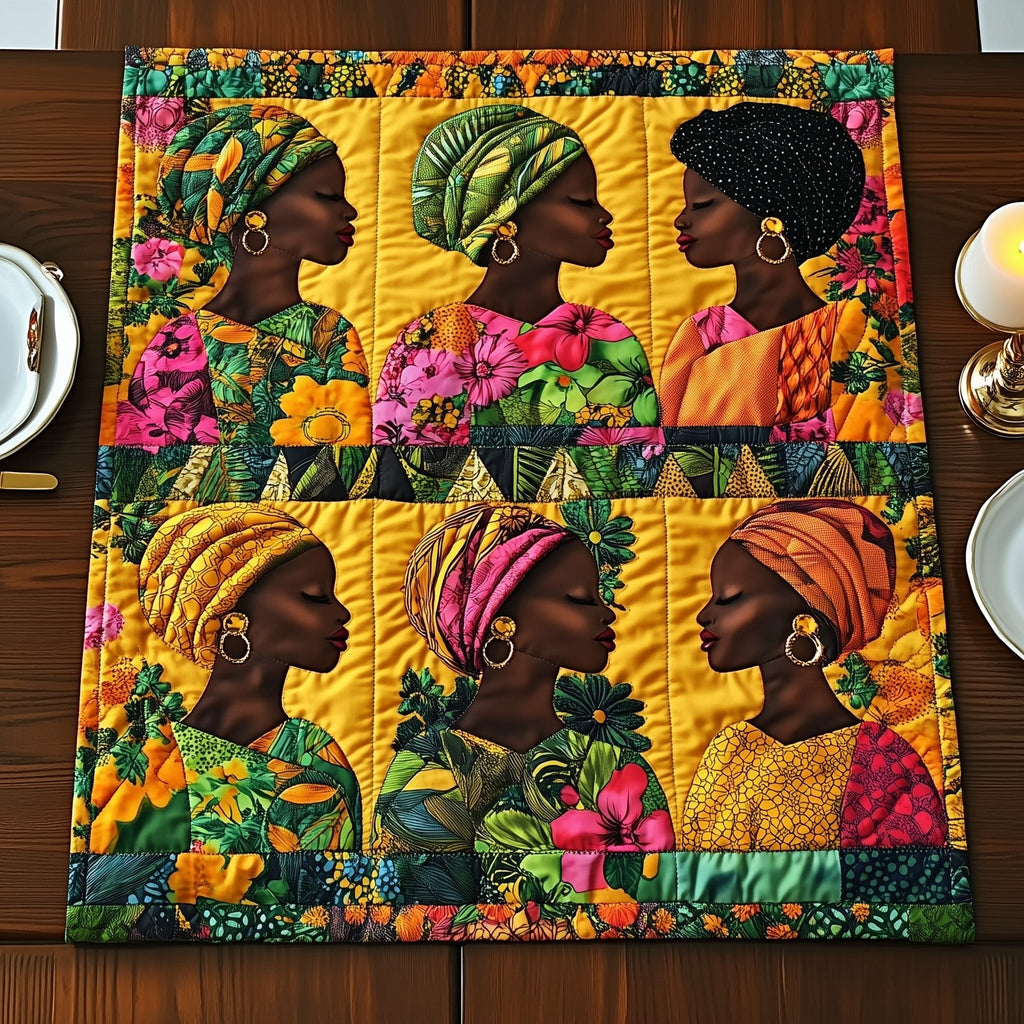 Women Profiles with Pink Flower Blocks Table Runner