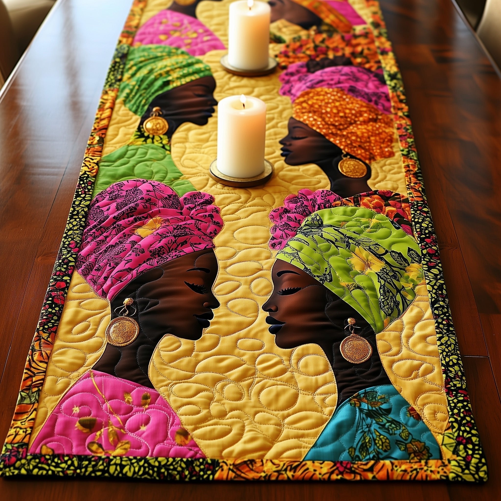 Two Women Facing in Pink Headwraps Table Runner