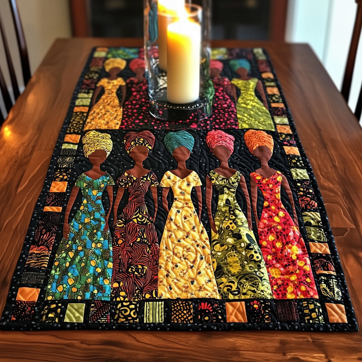 Standing Women in Printed Gowns Table Runner