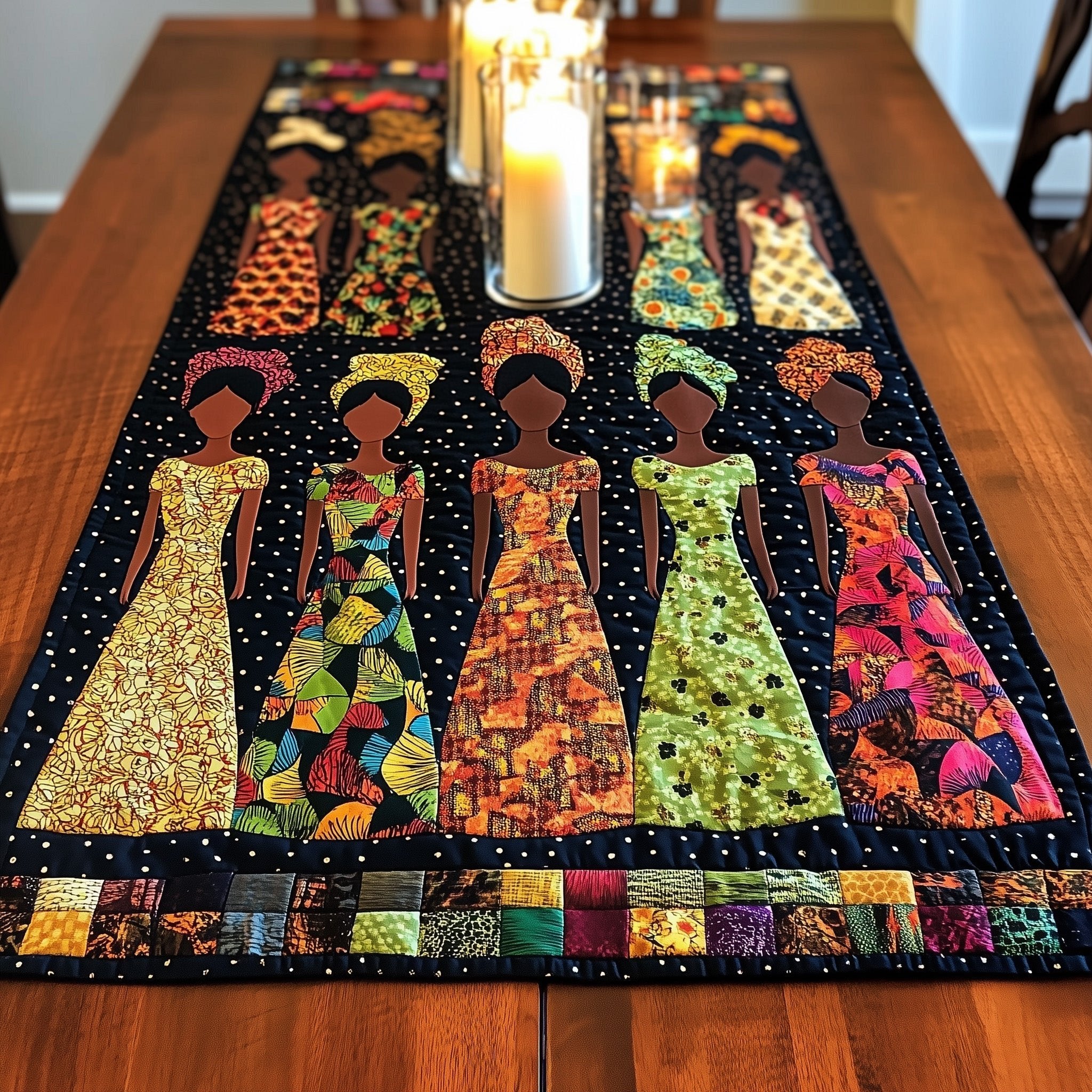 Women in Pale Gowns on Black Table Runner