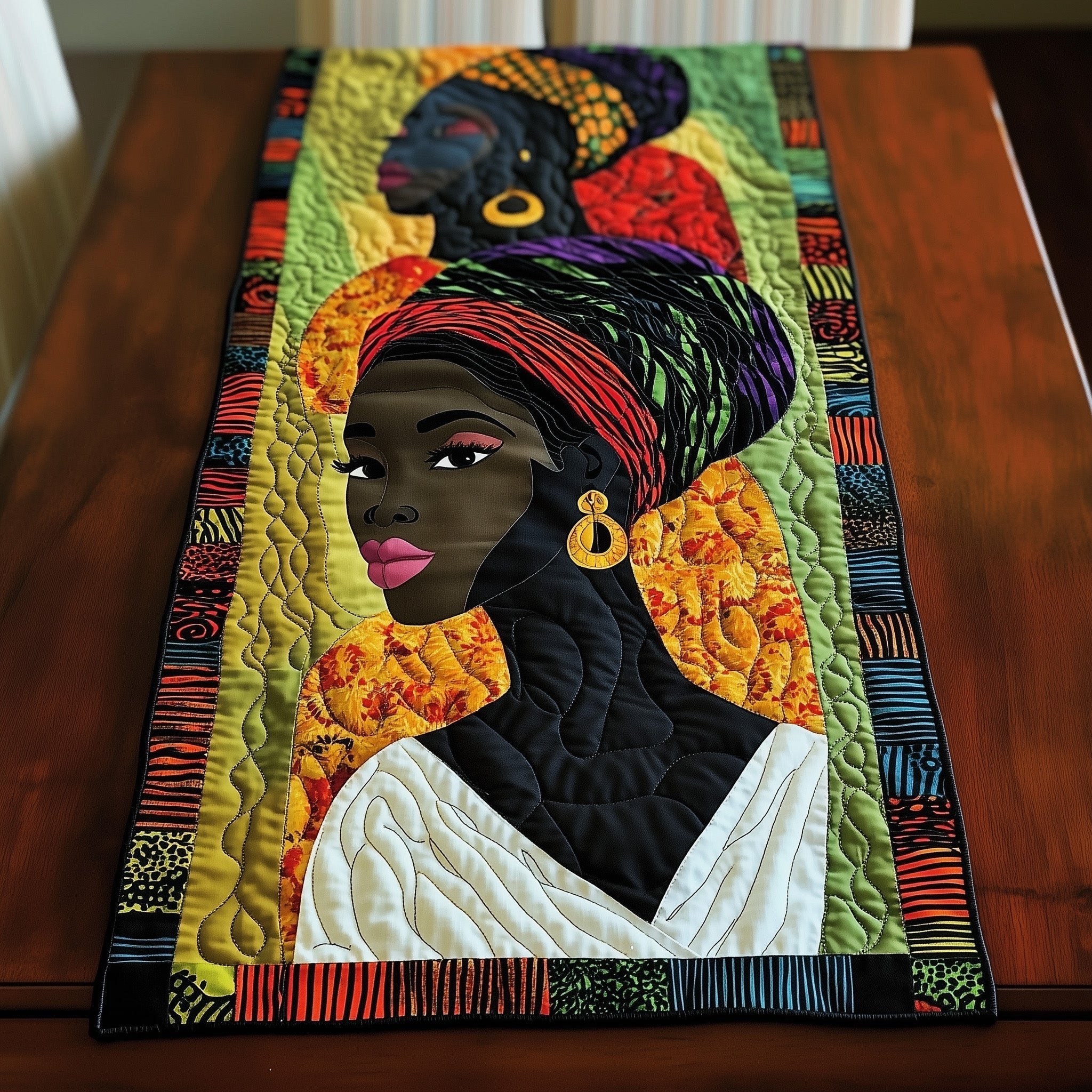 Woman in Striped Headwrap and Earrings Table Runner