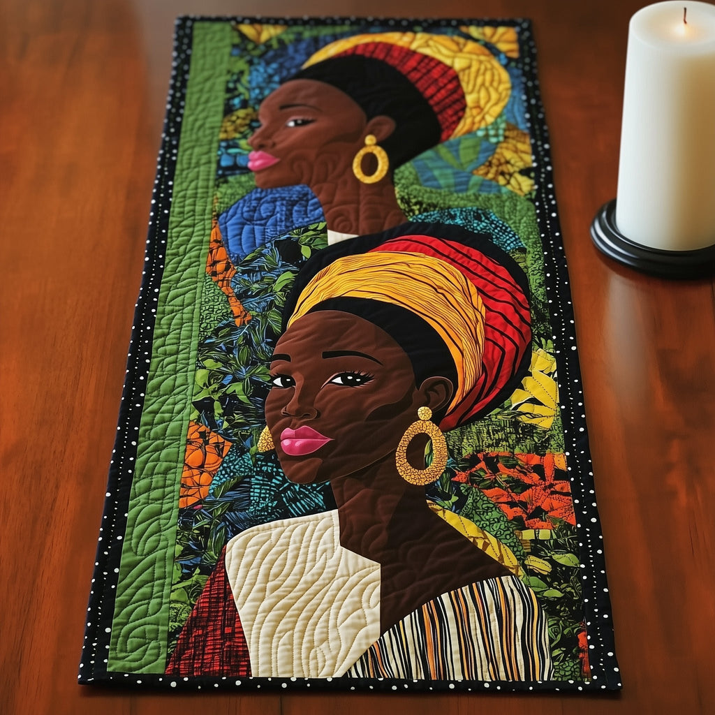 Woman in Yellow Headwrap with Earrings Table Runner