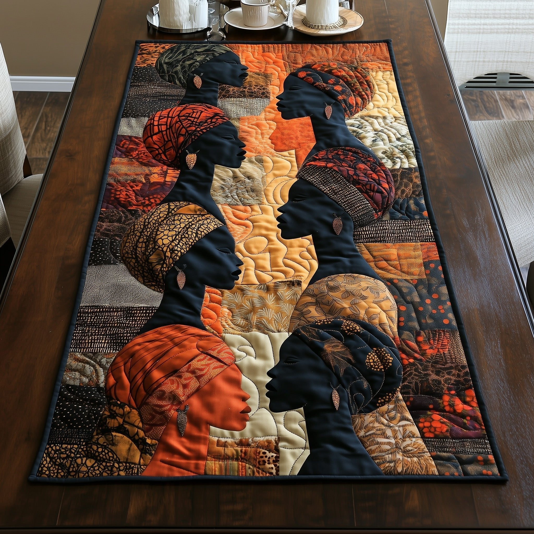 Women in Orange Headwraps Table Runner