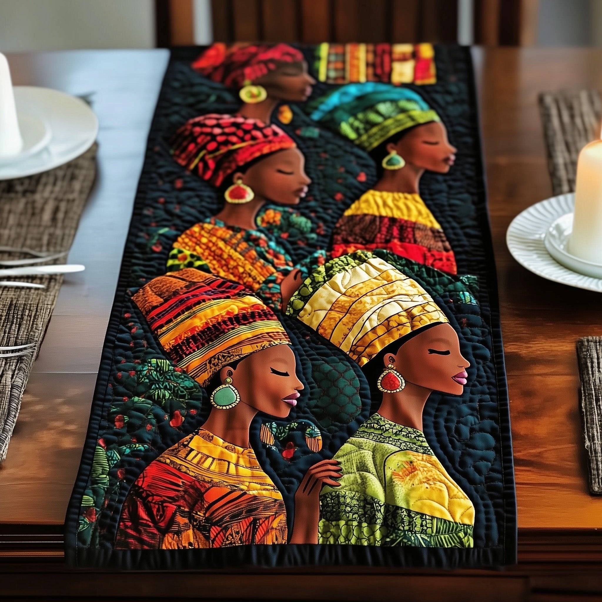 Women with Beaded Headwraps and Earrings Table Runner