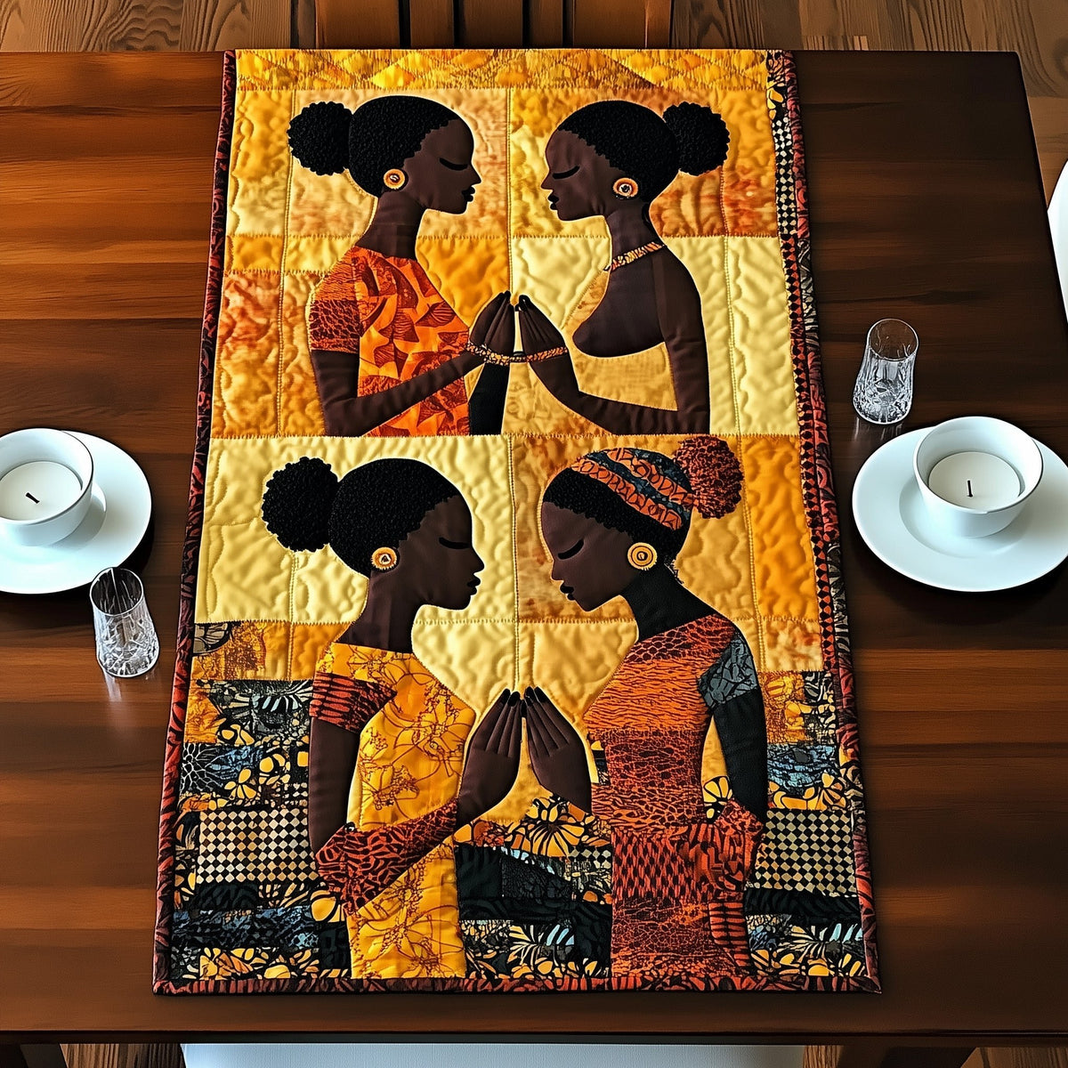 Two Women Profiles on Gold Table Runner