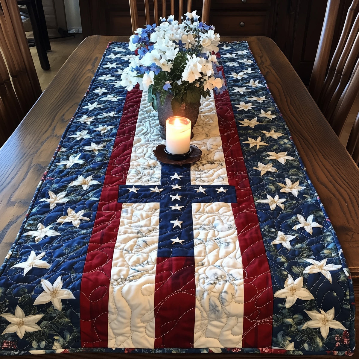 Cream Stripe Between Star Panels Table Runner