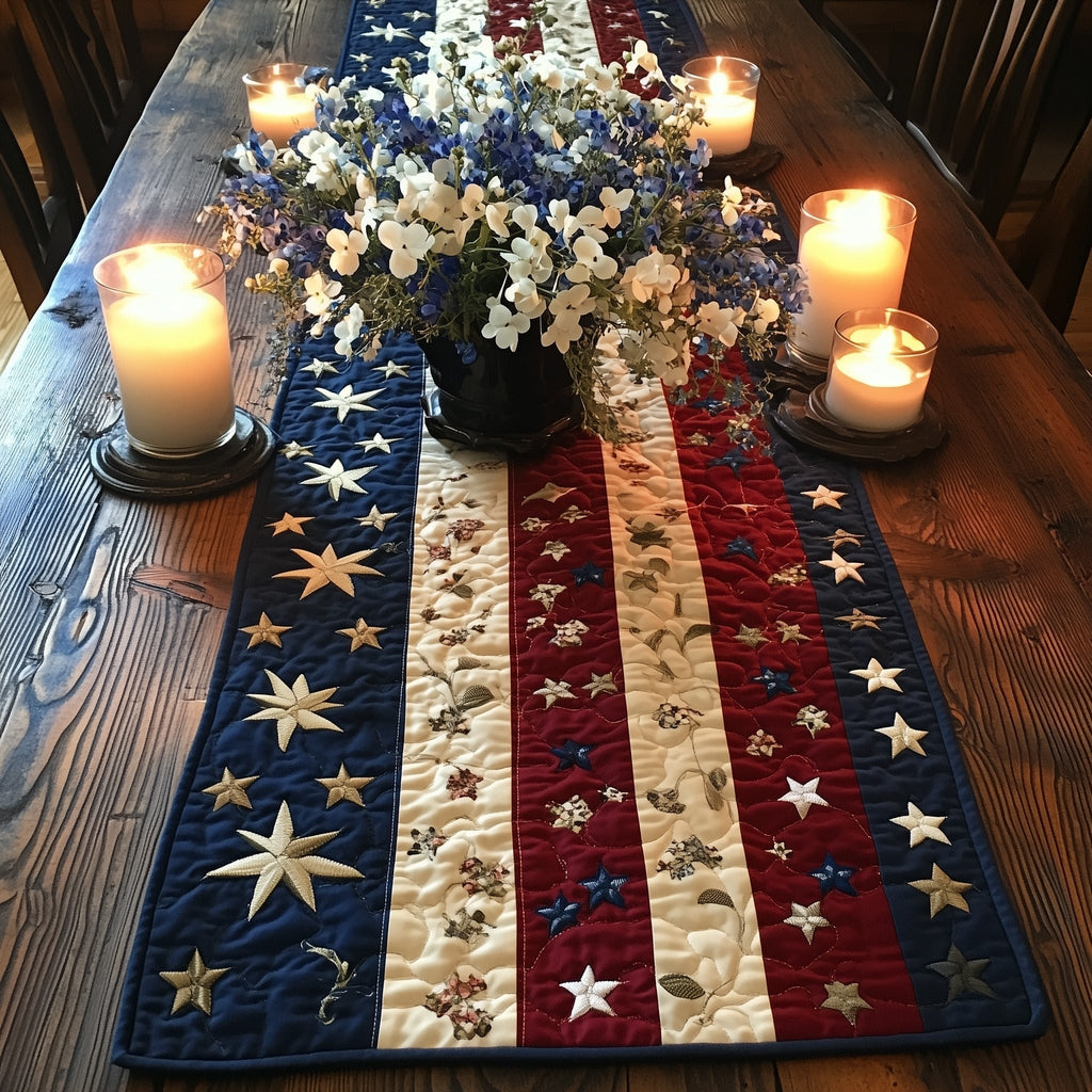 White Stars on Navy and Red Stripes Table Runner