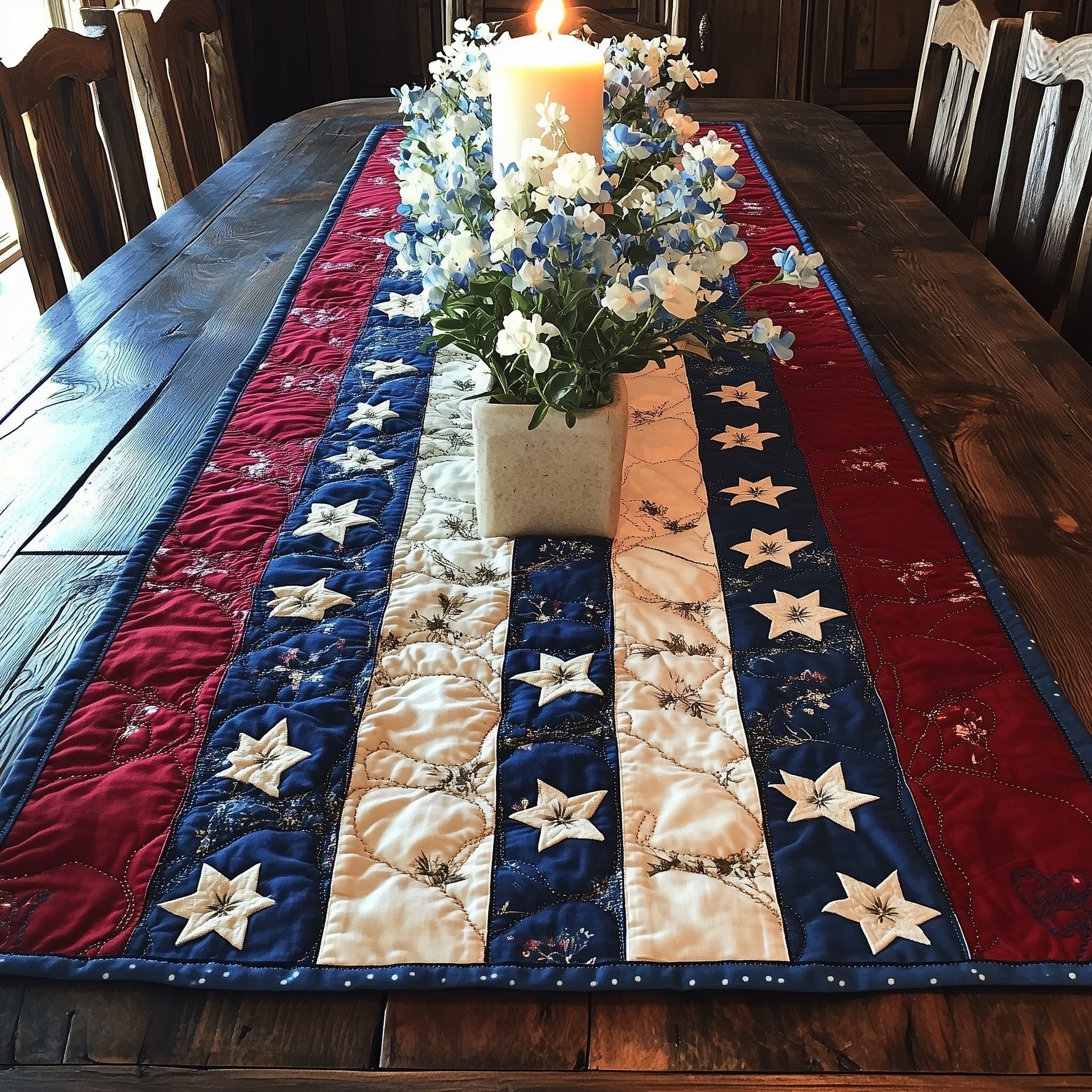 Cream Stars on Navy Bands Table Runner