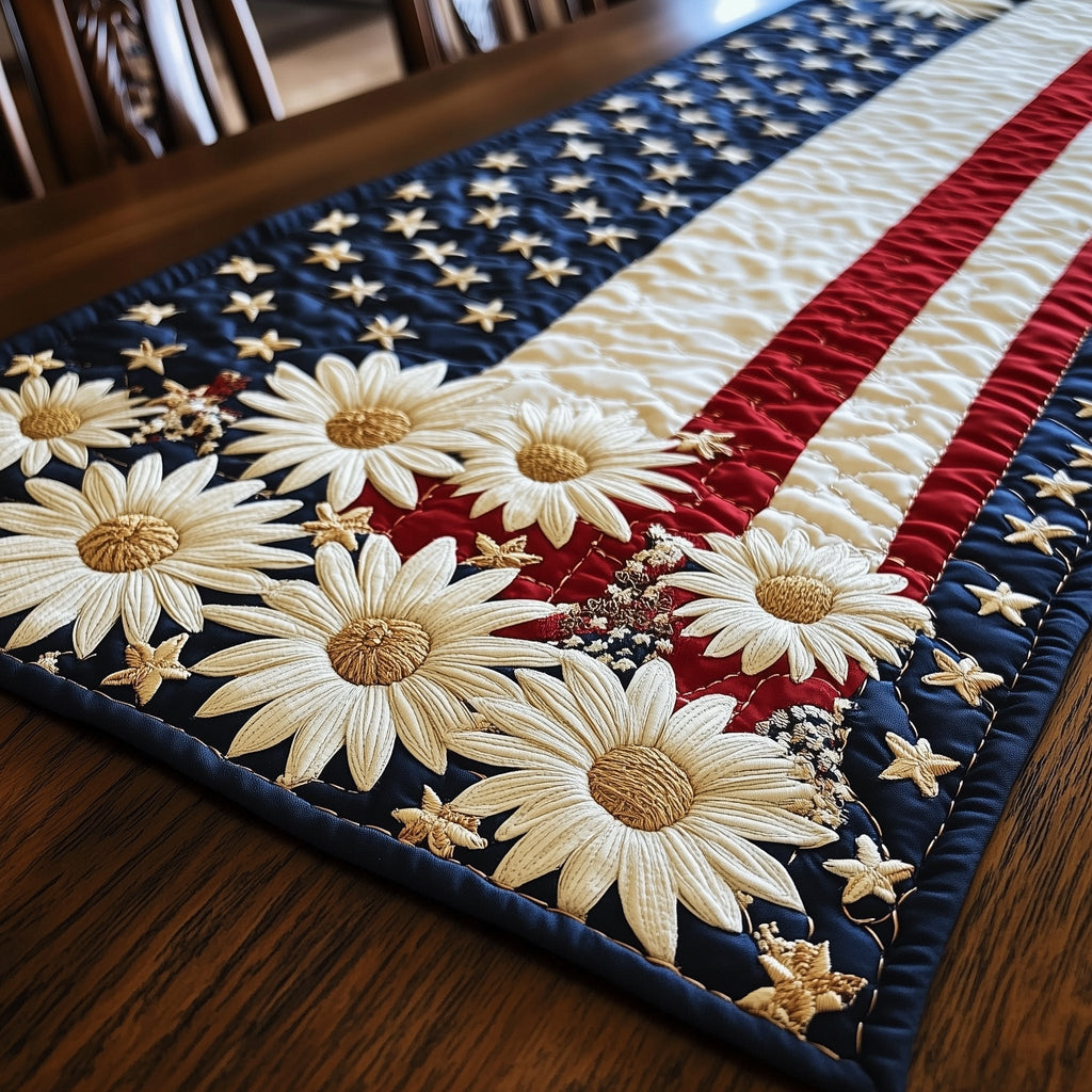 White Daisies on Stars and Stripes Table Runner