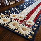 White Daisies on Stars and Stripes Table Runner