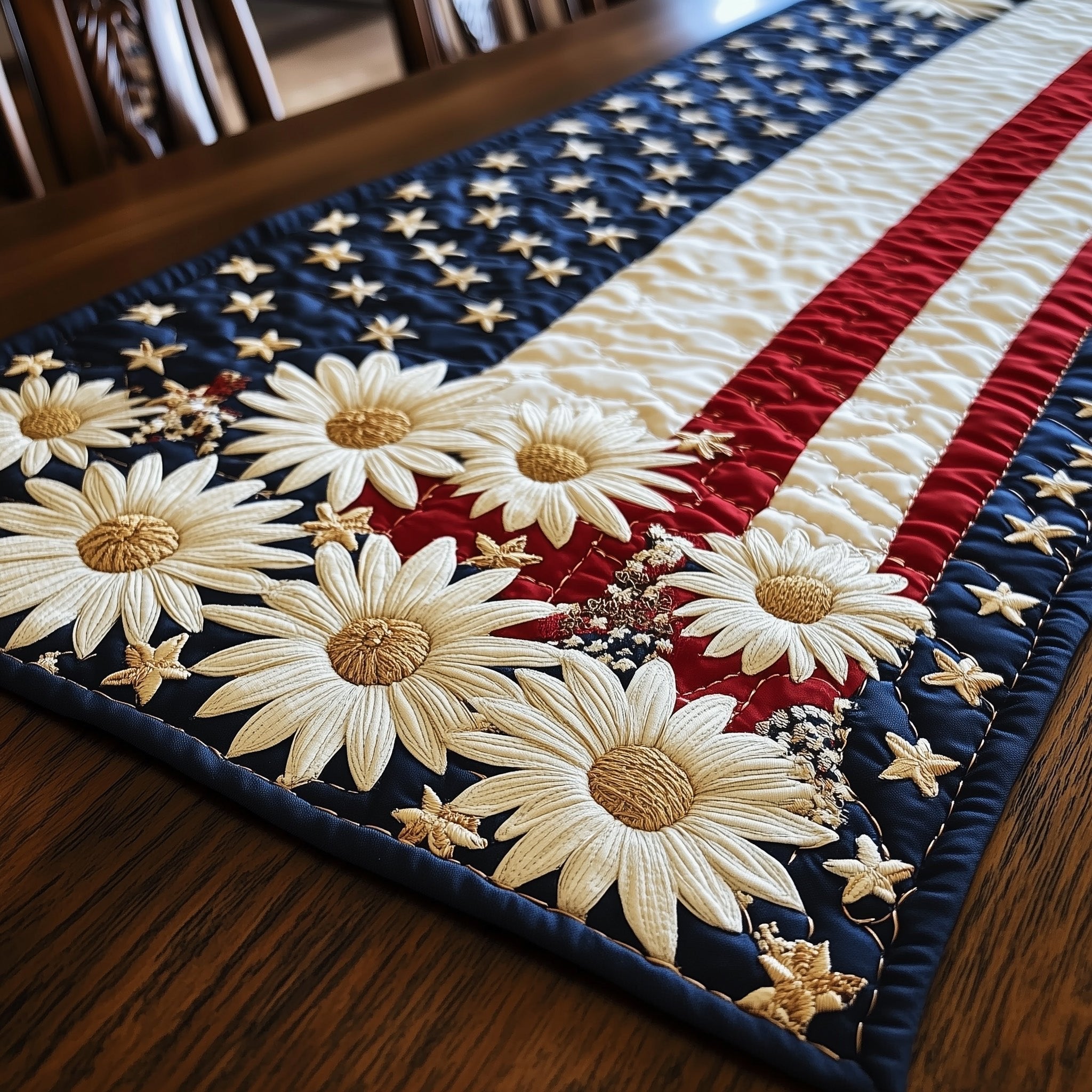 White Daisies on Stars and Stripes Table Runner