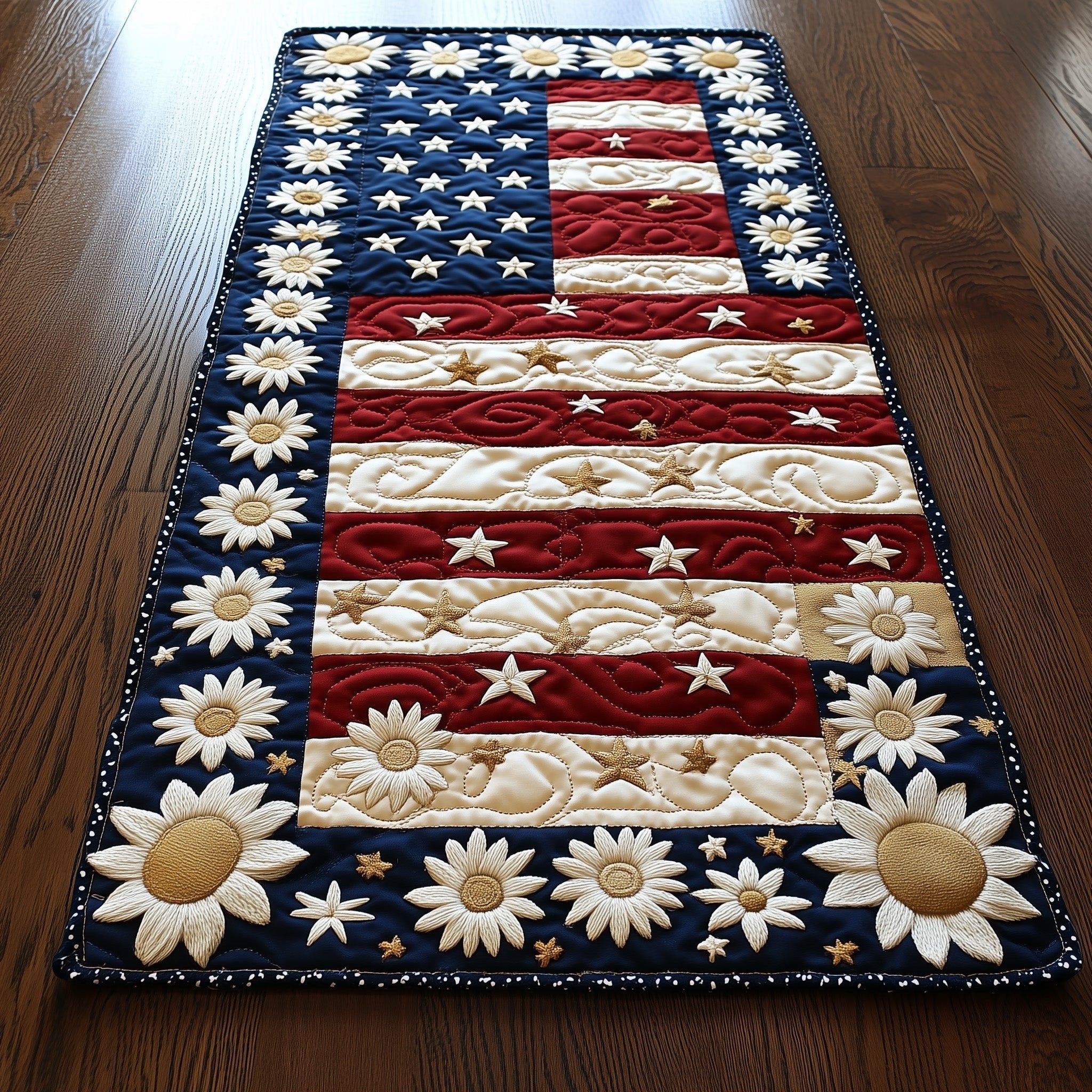 Daisies and Stars on Striped Flag Table Runner
