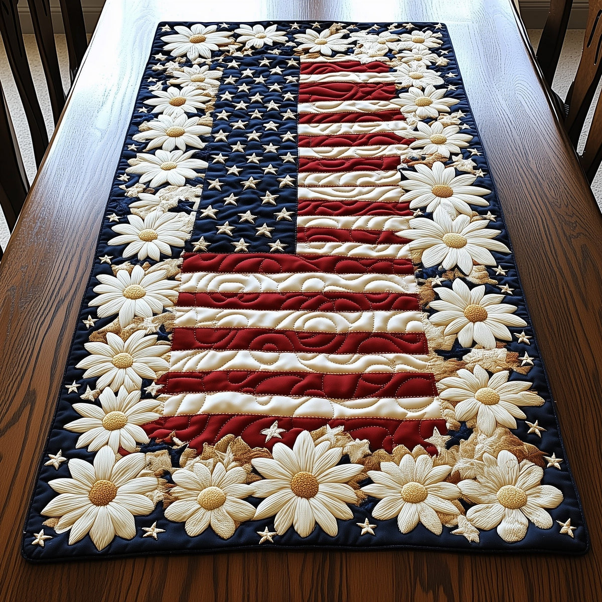 White Blossoms Around Flag Panel Table Runner