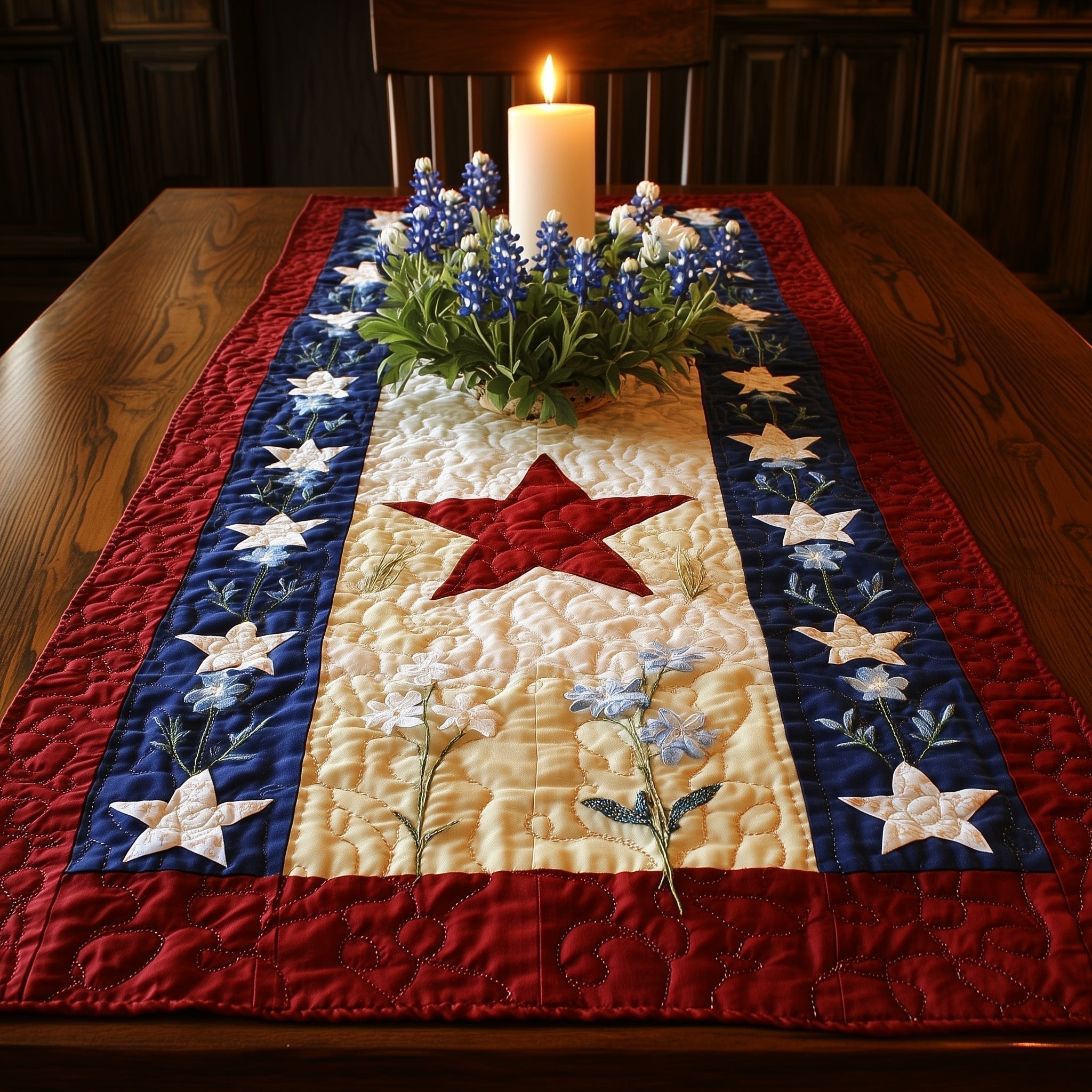 Red Star on Cream Panel Table Runner