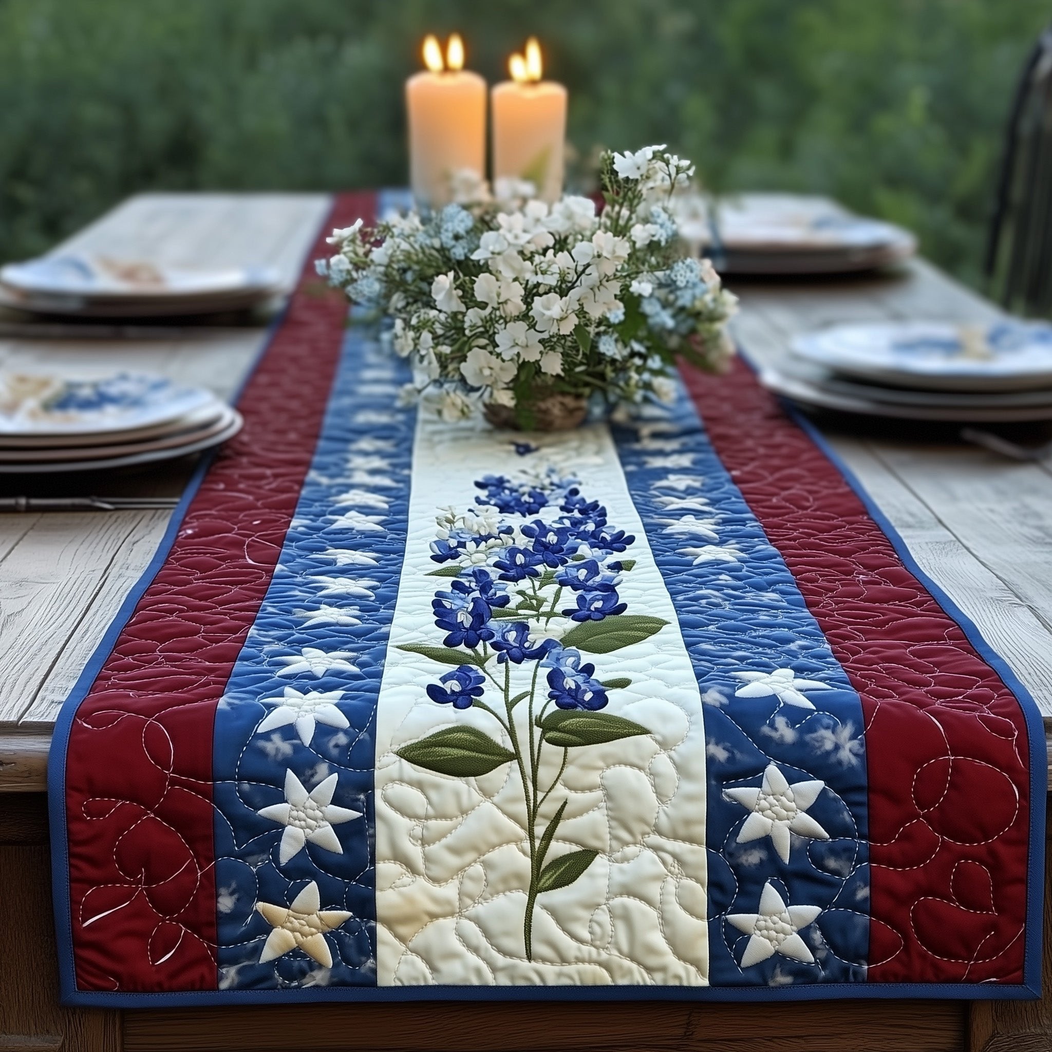 Blue Wildflowers on Cream Stripe Table Runner