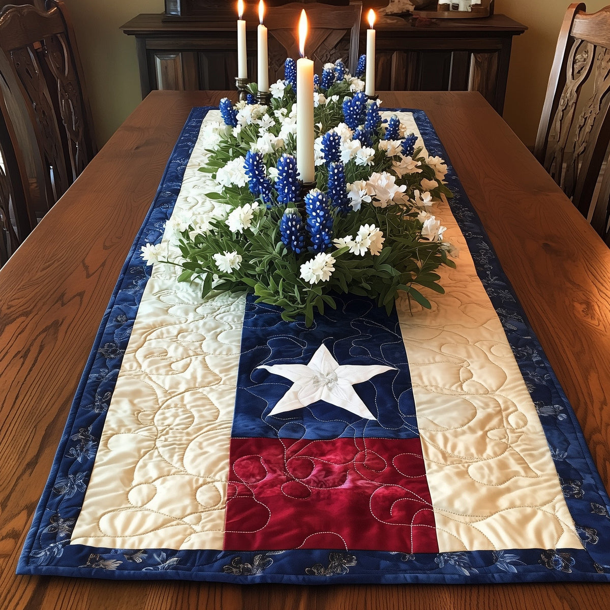 Single White Star on Blue Panel Table Runner