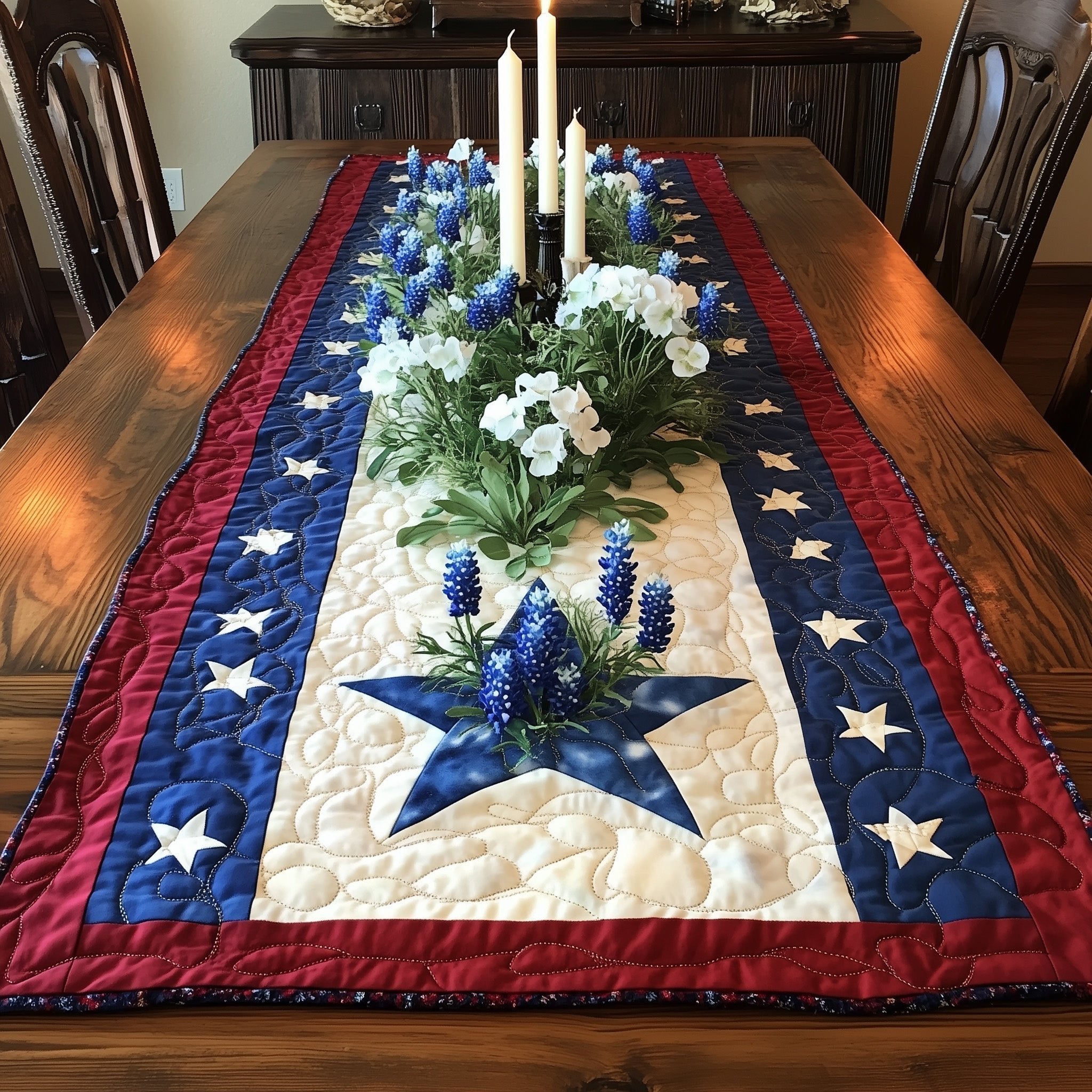 Blue Star with White Flowers Table Runner