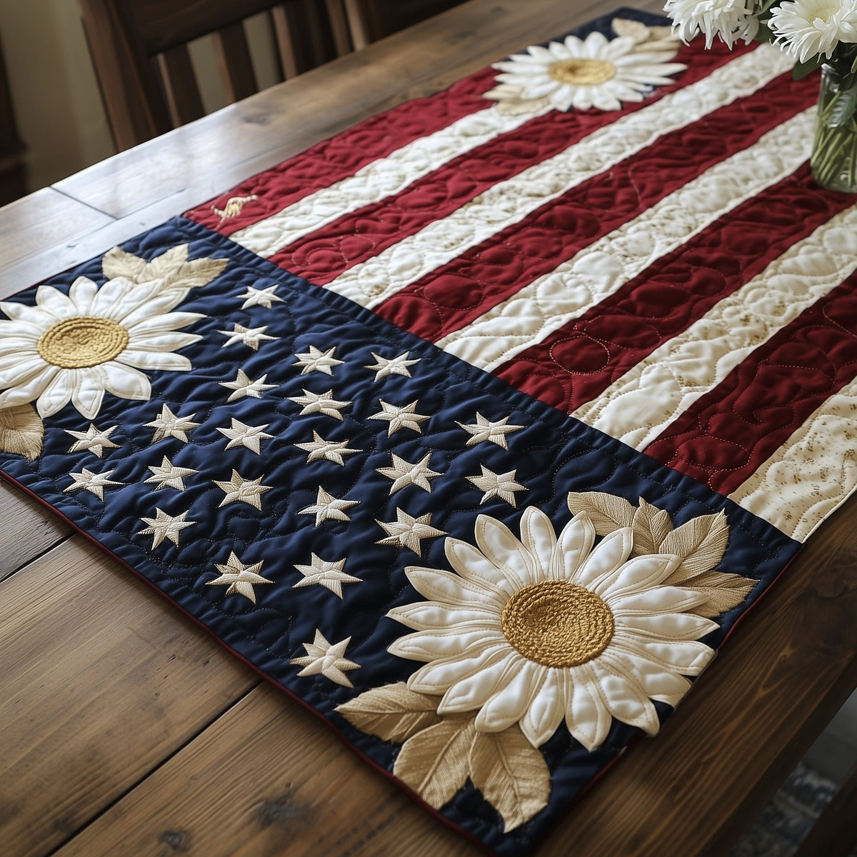 Cream Sunflower on Flag Corner Table Runner