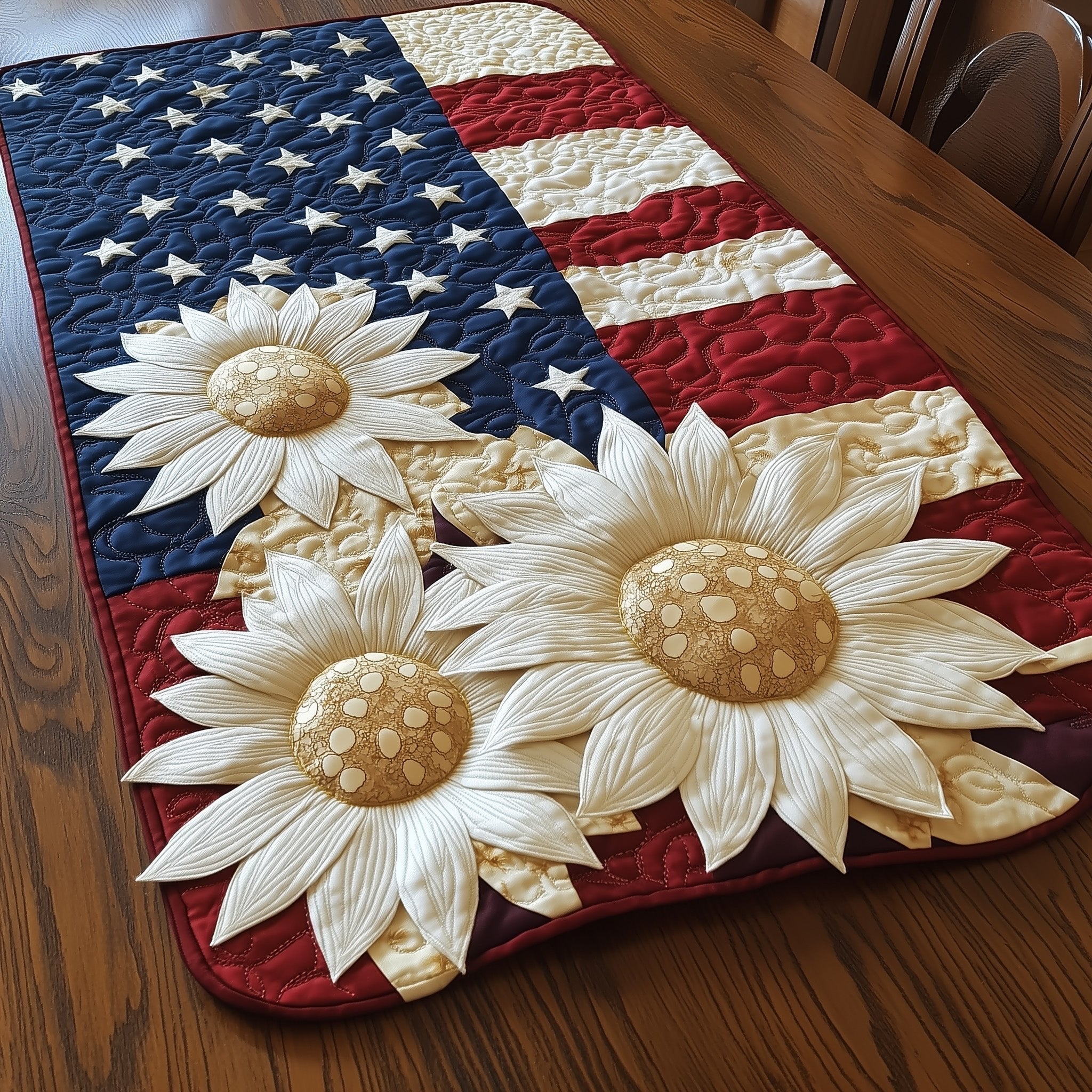 Three Cream Sunflowers on Flag Table Runner